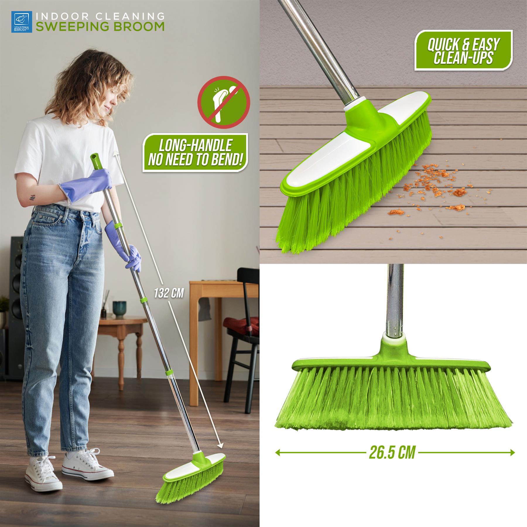 Green & White Soft Indoor Broom with 4 Piece Steel Handle