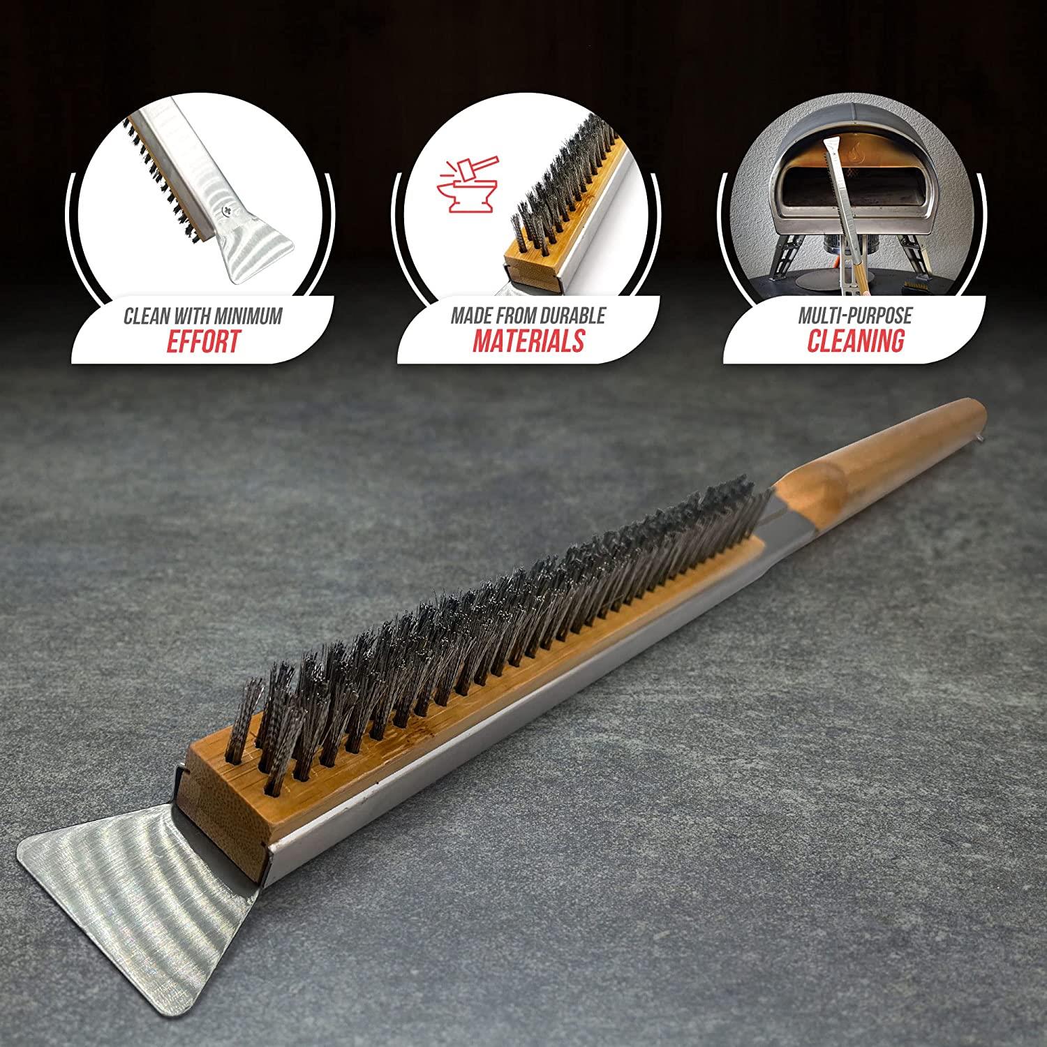 Compact Pizza Oven Brush with Scraper & Steel Bristles