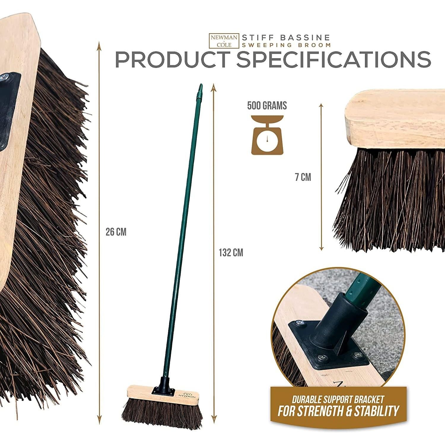 10" Newman & Cole Stiff Bassine Broom with Green Metal Handle