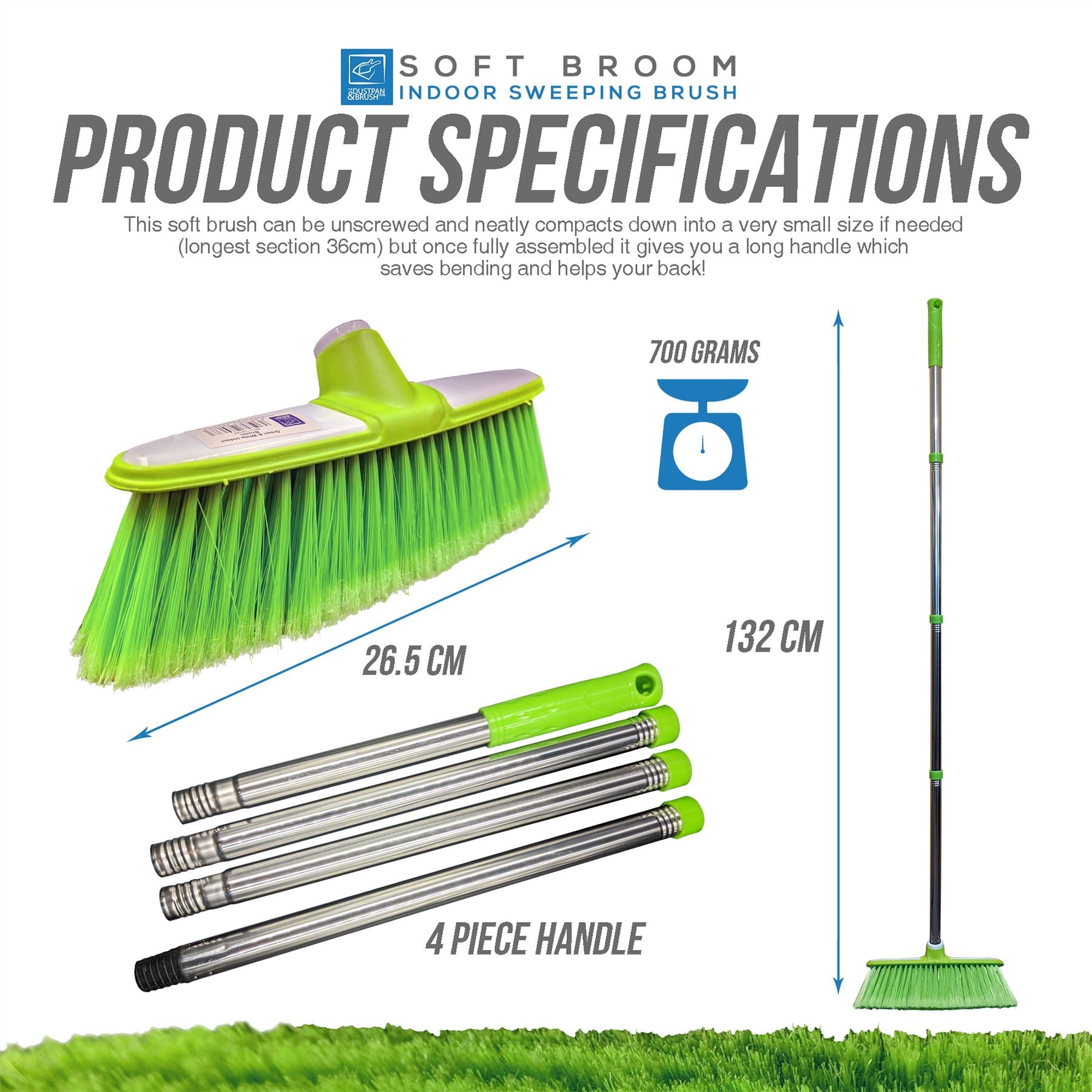 Green & White Soft Indoor Broom with 4 Piece Steel Handle