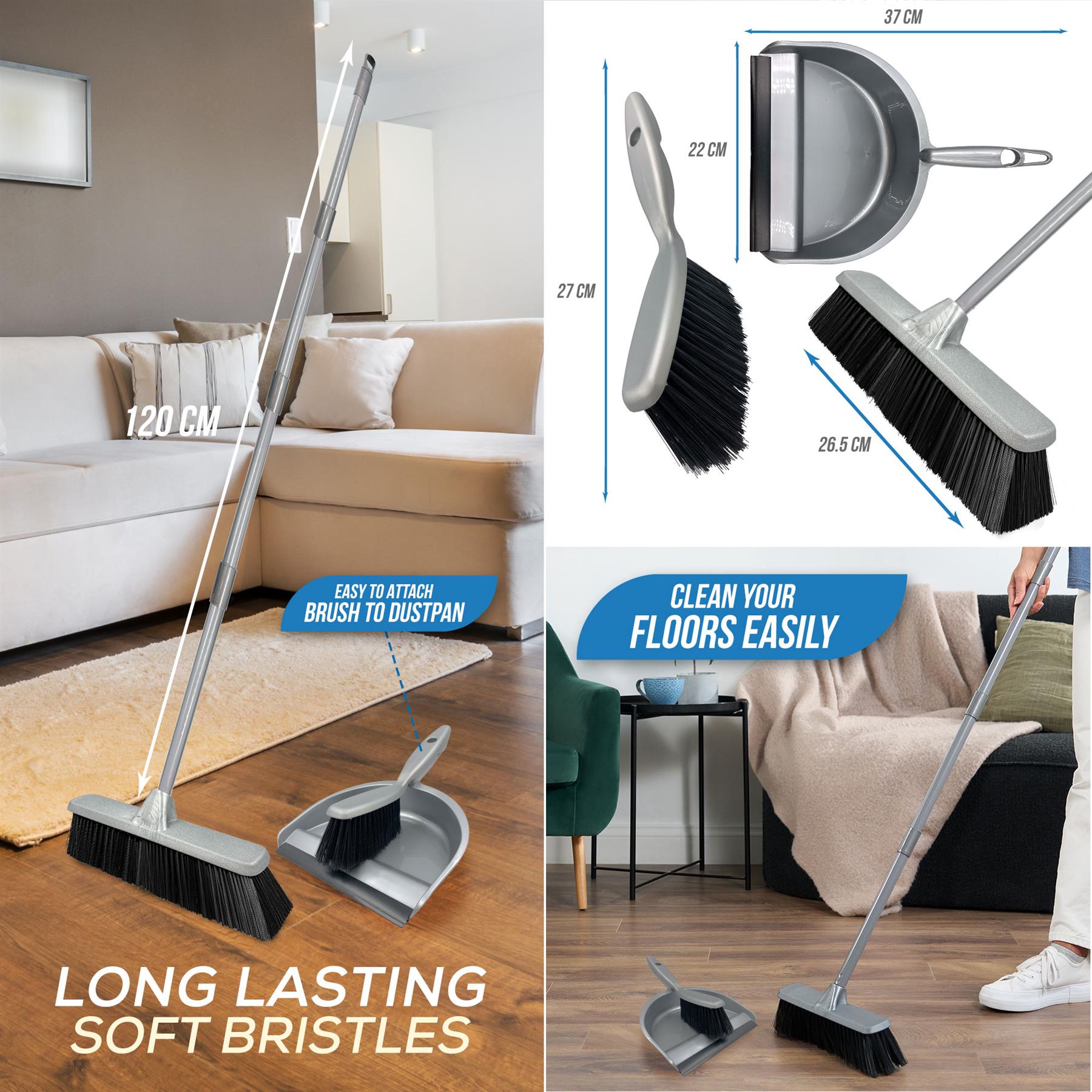 Indoor Broom and Dustpan Set with Soft Brush & Long Handle