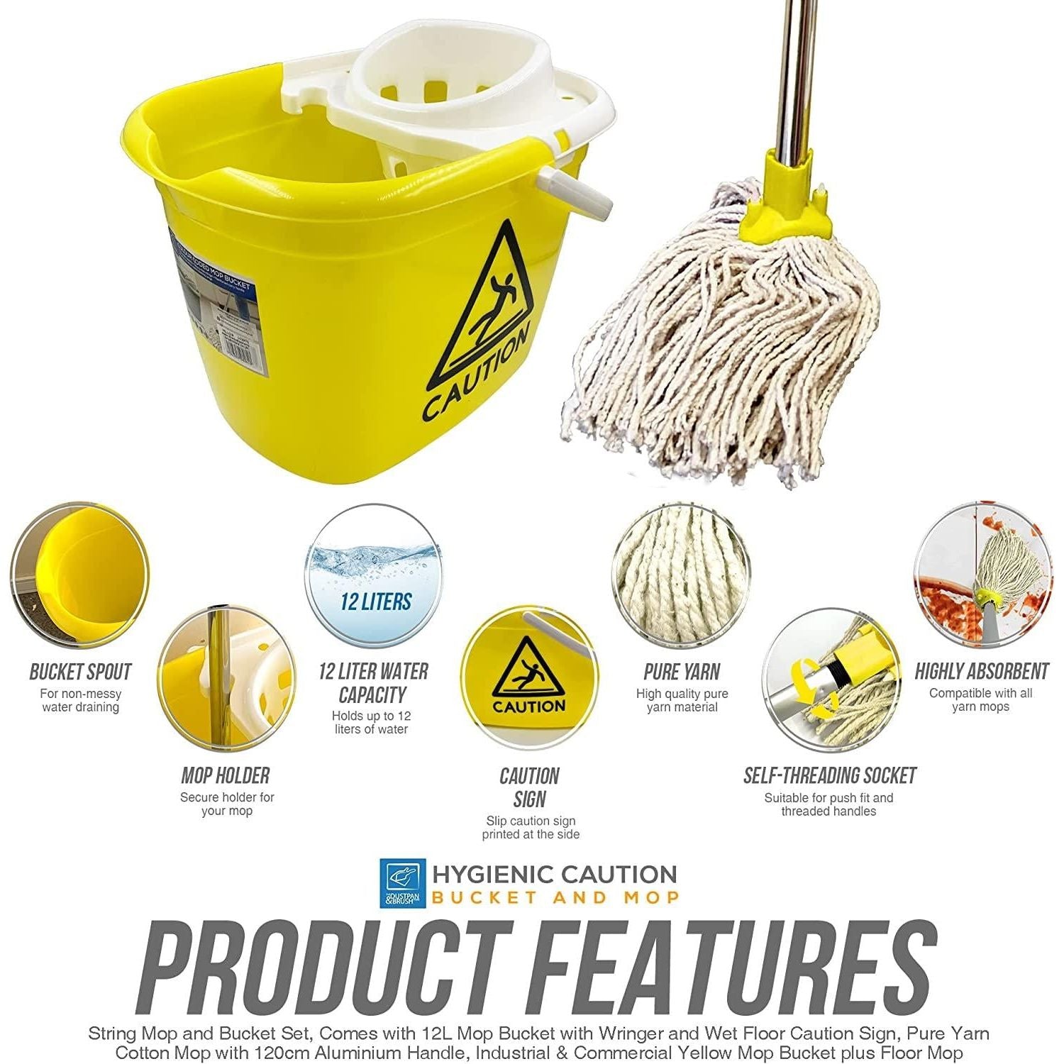 Yellow & White Caution Mop Bucket and Mop Set | 12L
