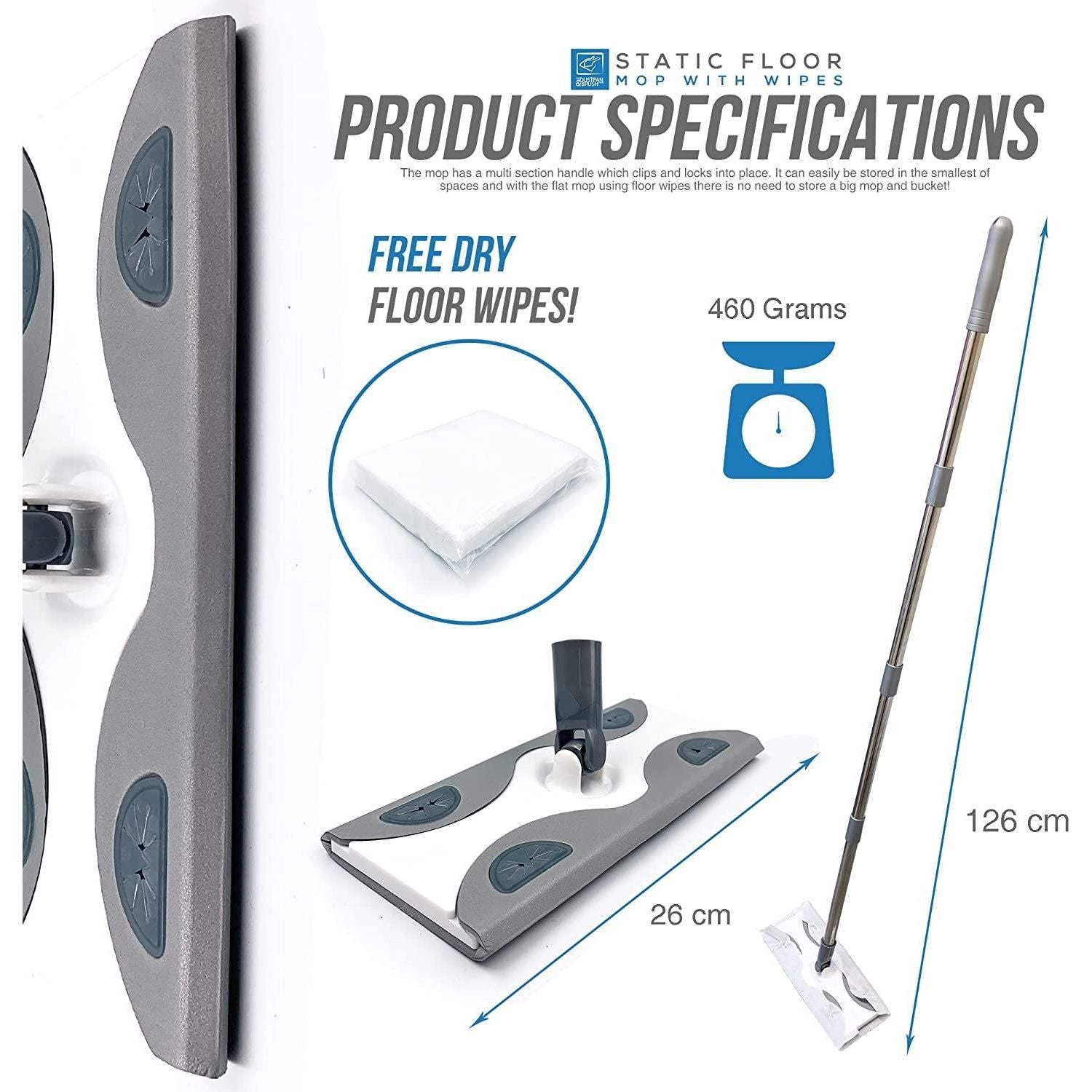 Static Floor Cleaning Mop with 10 Dry Wipes & Swivel Head