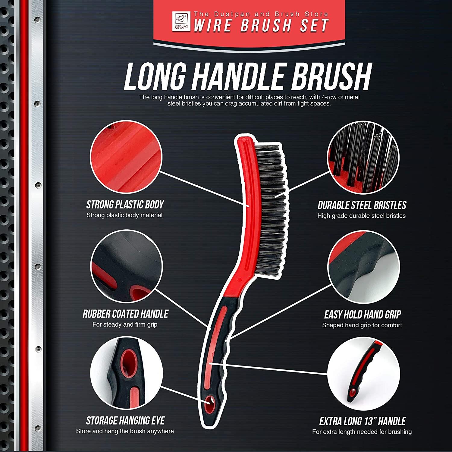 Wire Brush Set with Rubber Grip Handles | Heavy Duty Steel Brushes