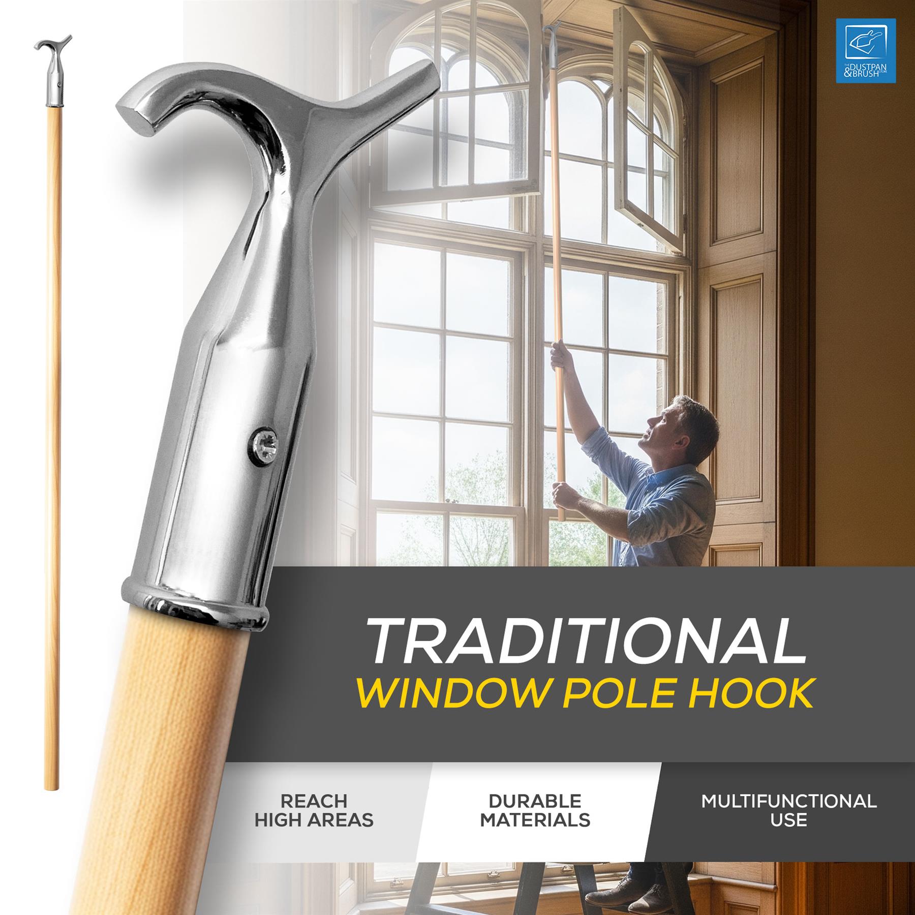 4ft Chrome Window Pole with Wooden Handle for High Windows