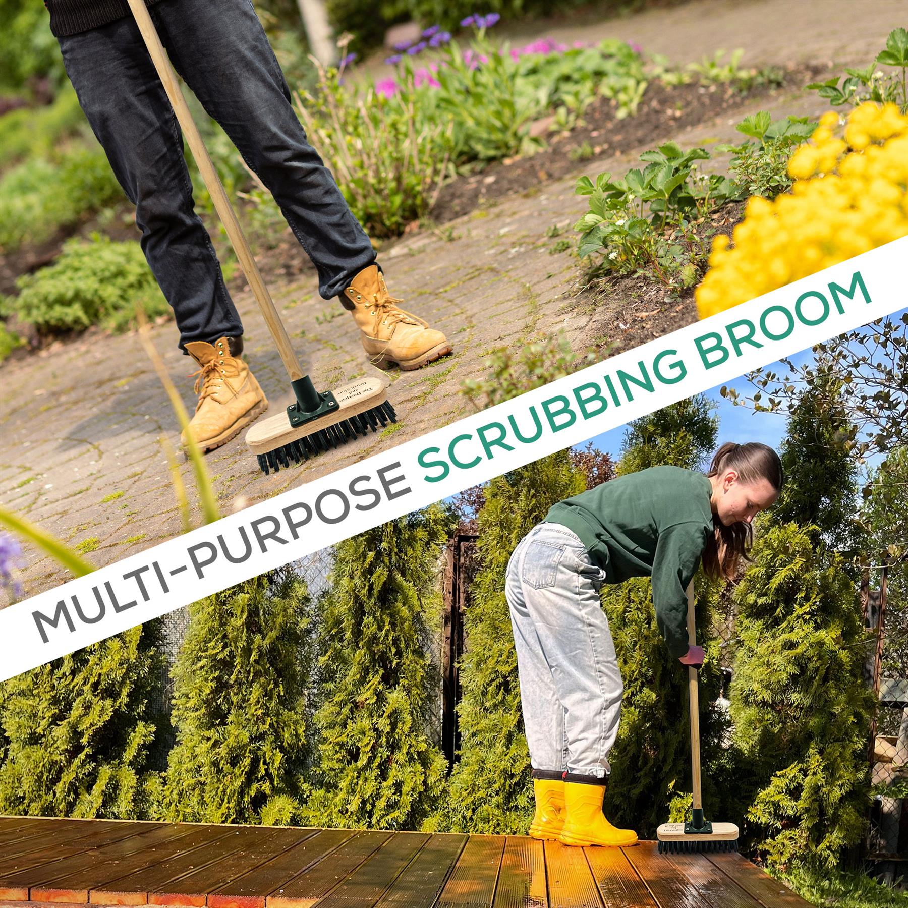 9" Stiff PVC Deck Scrub Floor Scrubbing Brush and 4ft Wooden Handle