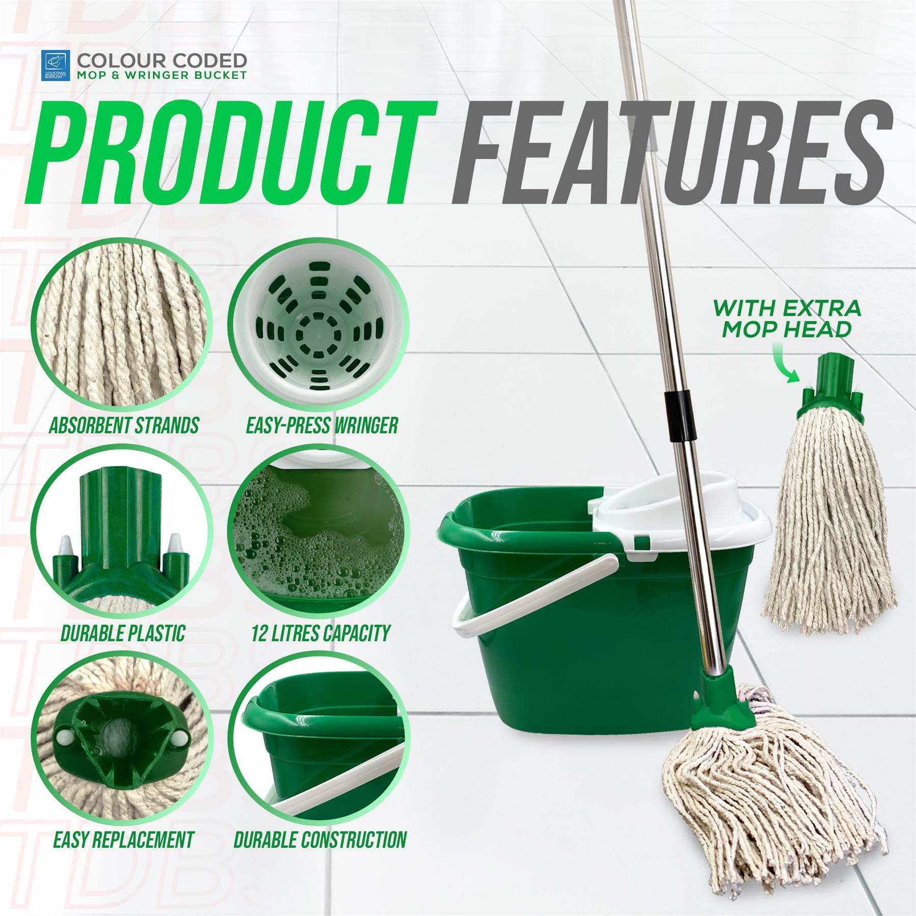 Green Mop Bucket Set with 2 Cotton Mop Heads & Handle