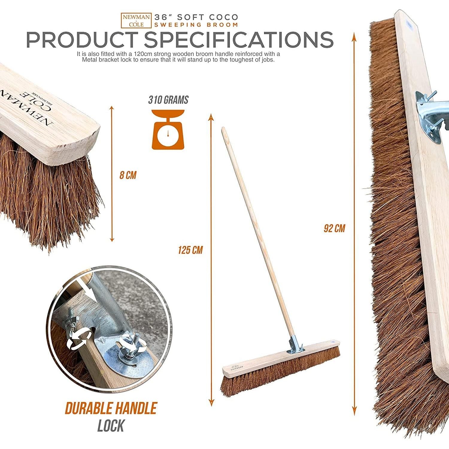 36" Soft Coco Broom with Handle – Large Area Sweeping Broom