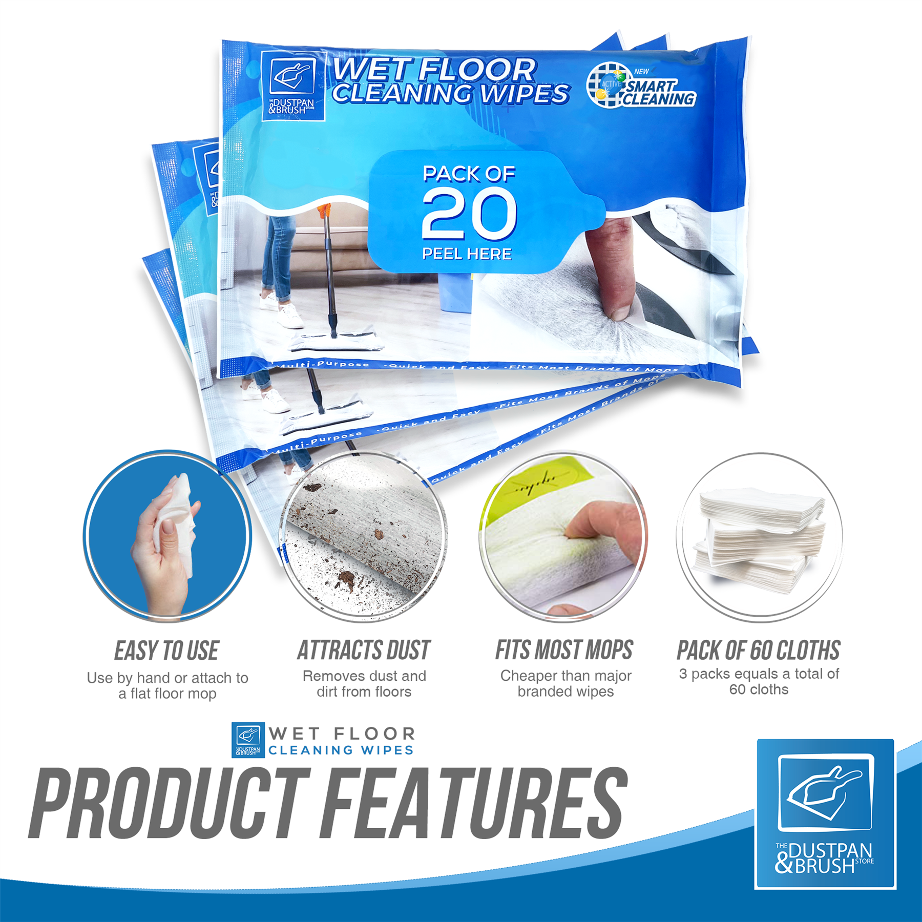 60 Wet Floor Cleaning Wipes - 3 Packs of 20