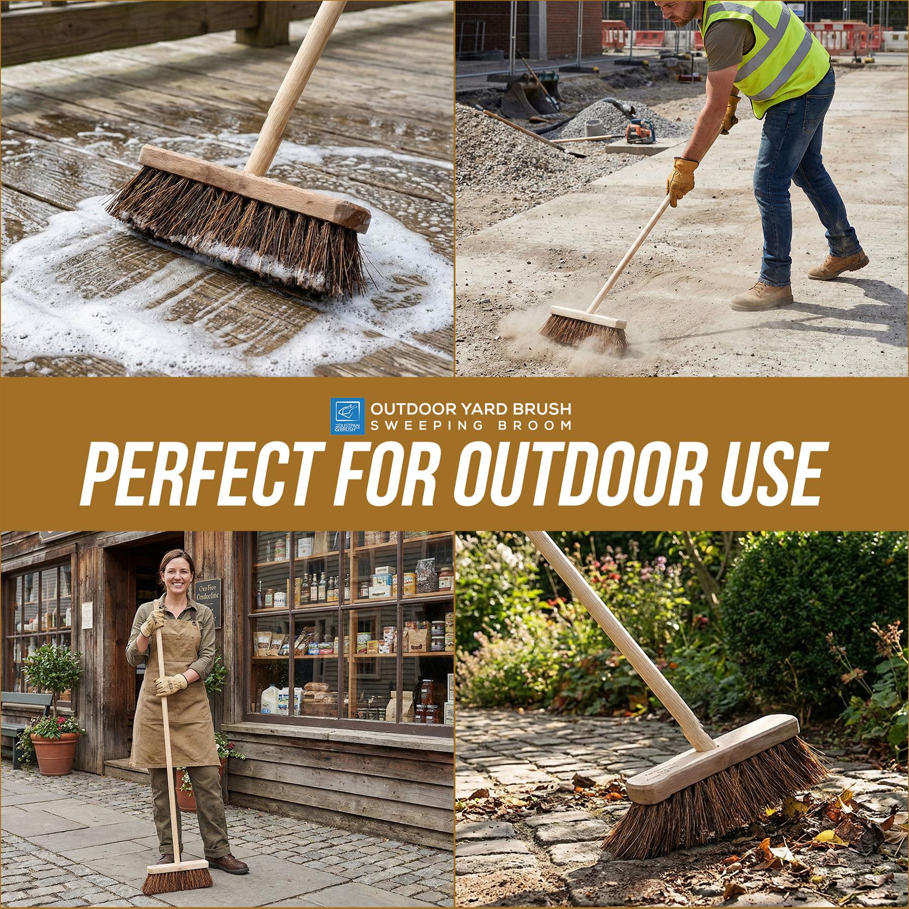 10" Stiff Bassine Broom with Wooden Handle – Outdoor Yard Brush