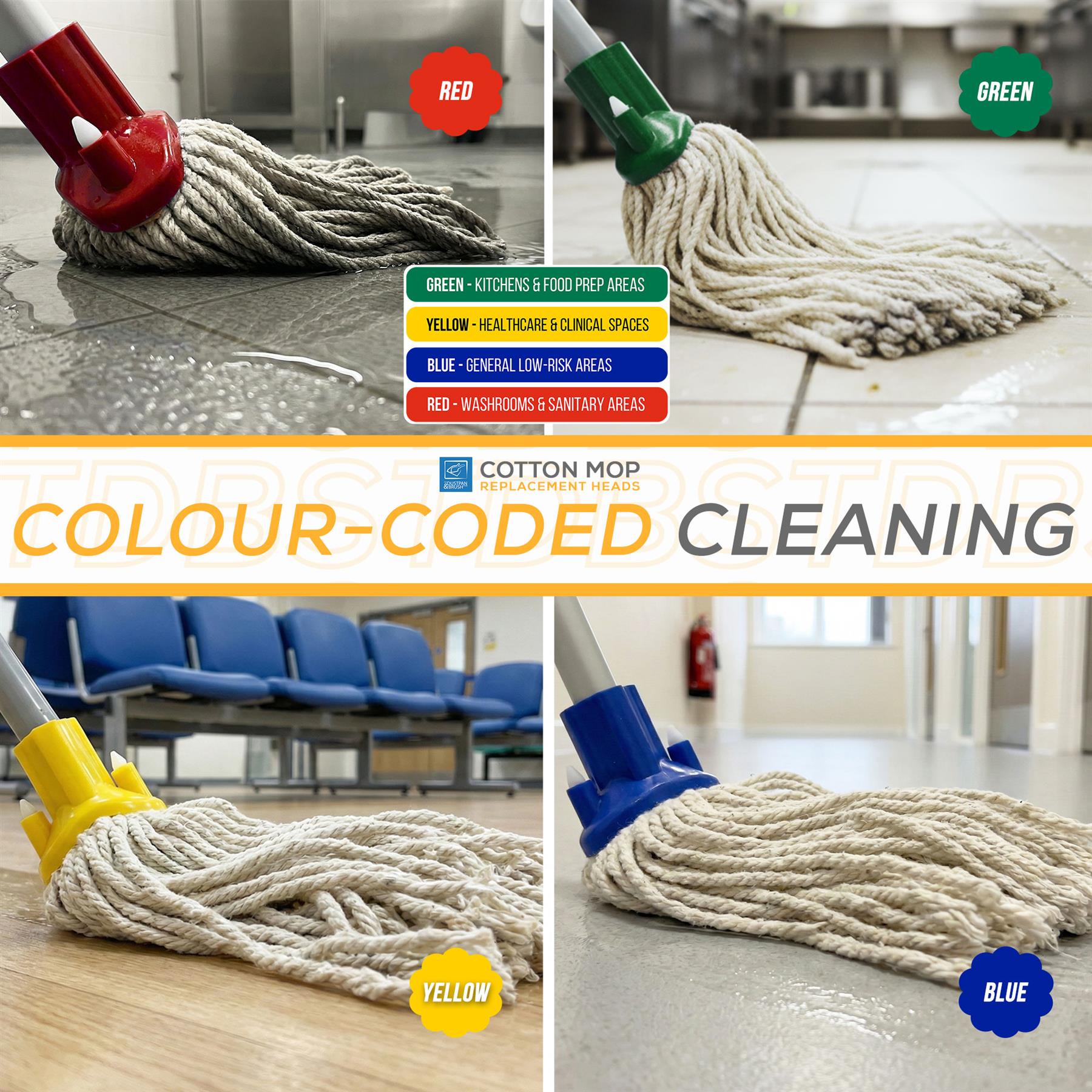 Yellow Colour Coded Cotton Mop Heads 12PY Pack of 5