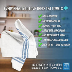 Blue & White Caterers Tea Towels Pack of 10 | Cotton Kitchen Towels