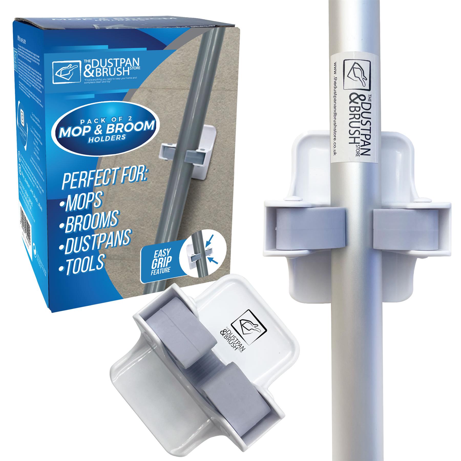 Broom & Mop Holder (Pack of 2) - Wall Mounted with Adhesive Grip