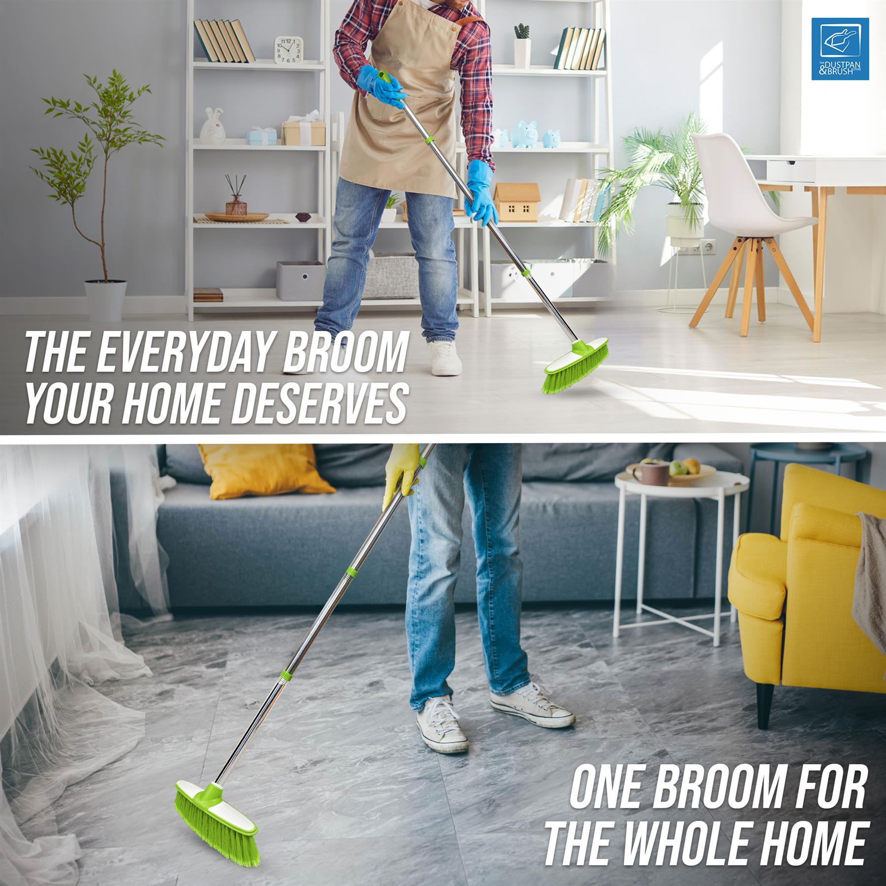 Green & White Soft Indoor Broom with 4 Piece Steel Handle