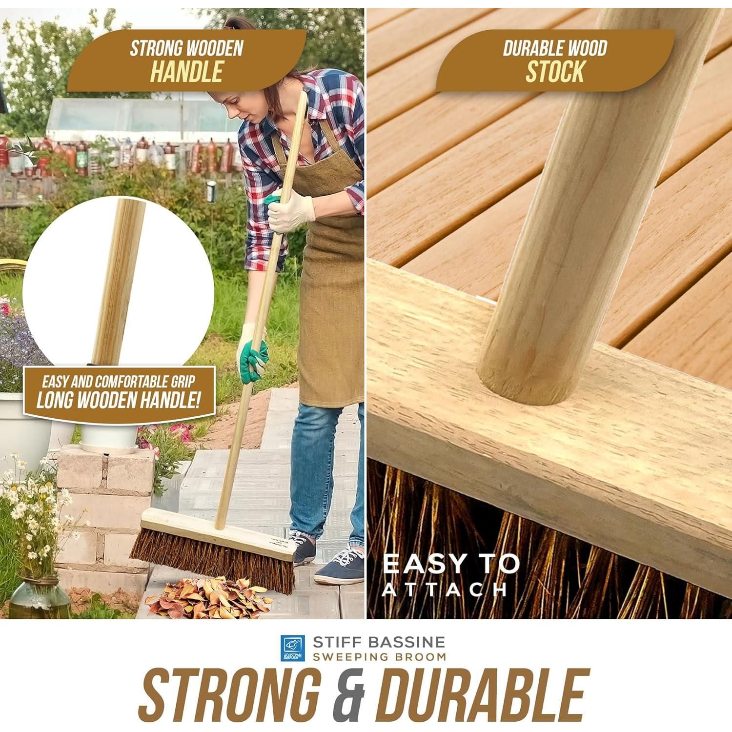 18" Stiff Natural Bassine Yard Broom with Wooden Handle