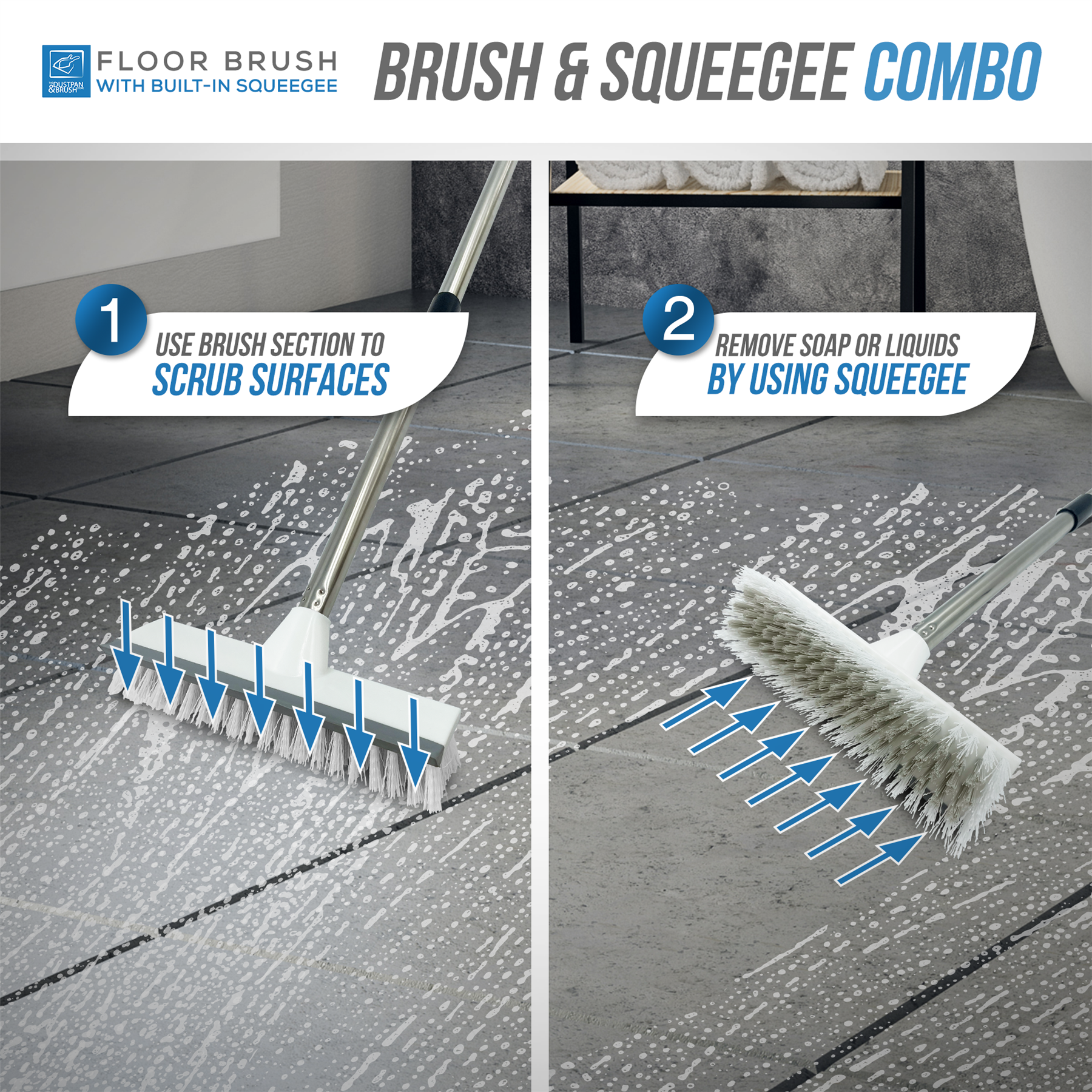 Deck Floor Scrubbing Brush with 4 Piece Handle & Squeegee