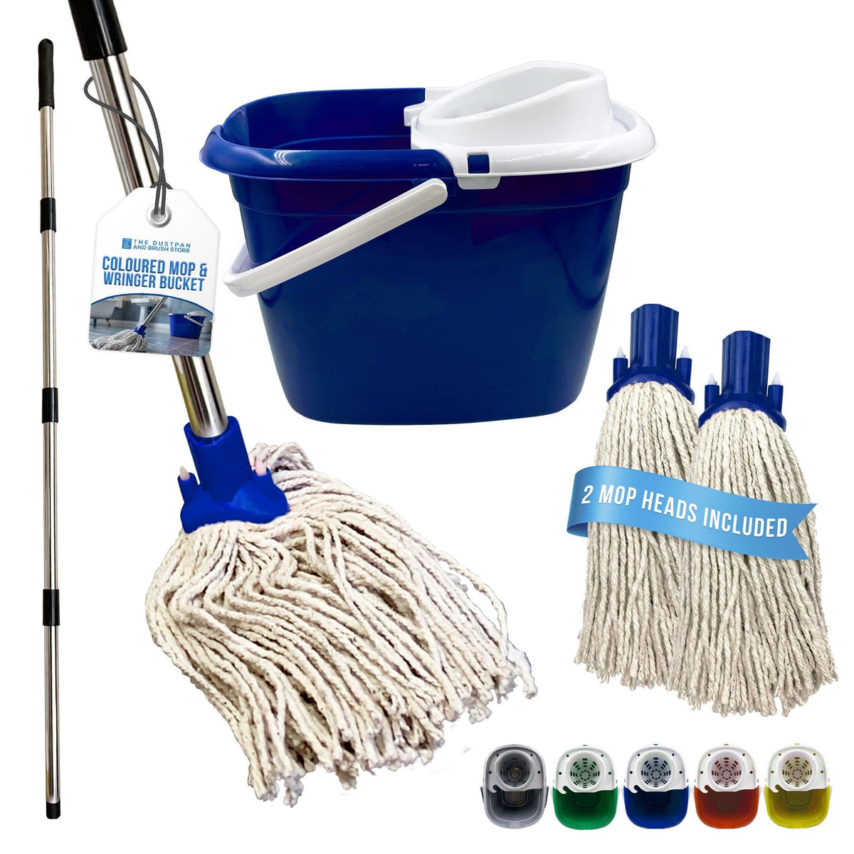 Blue Mop Bucket Set with 2 Cotton Mop Heads & Handle