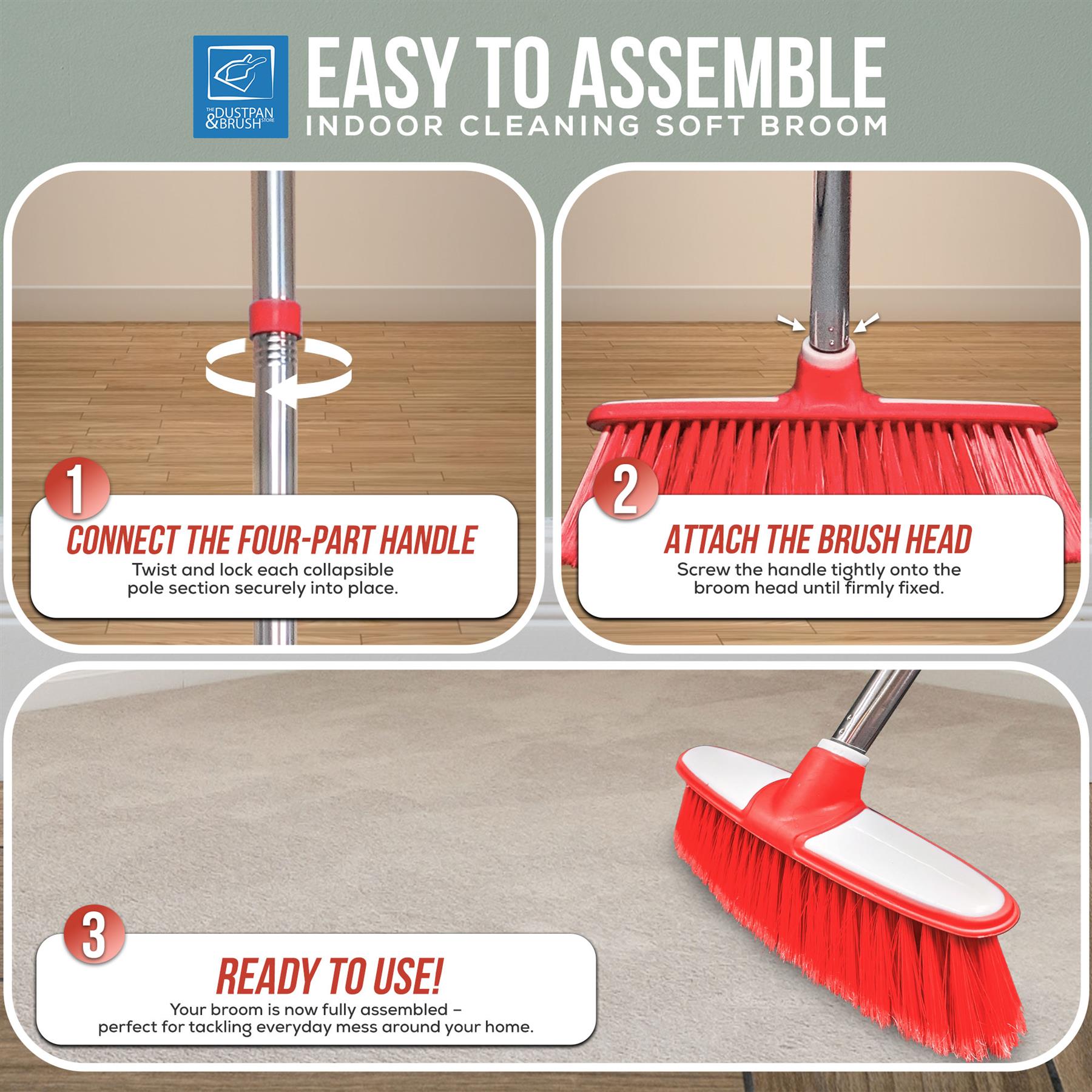 Red & White Indoor Broom with 4 Piece Stainless Steel Handle