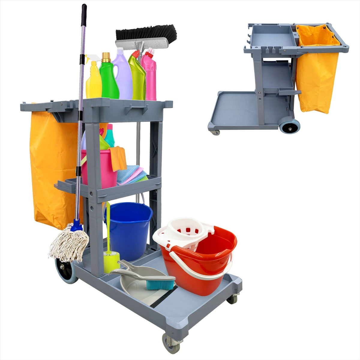 3 Tier Janitor Cleaning Cart Trolley with Waste Bag