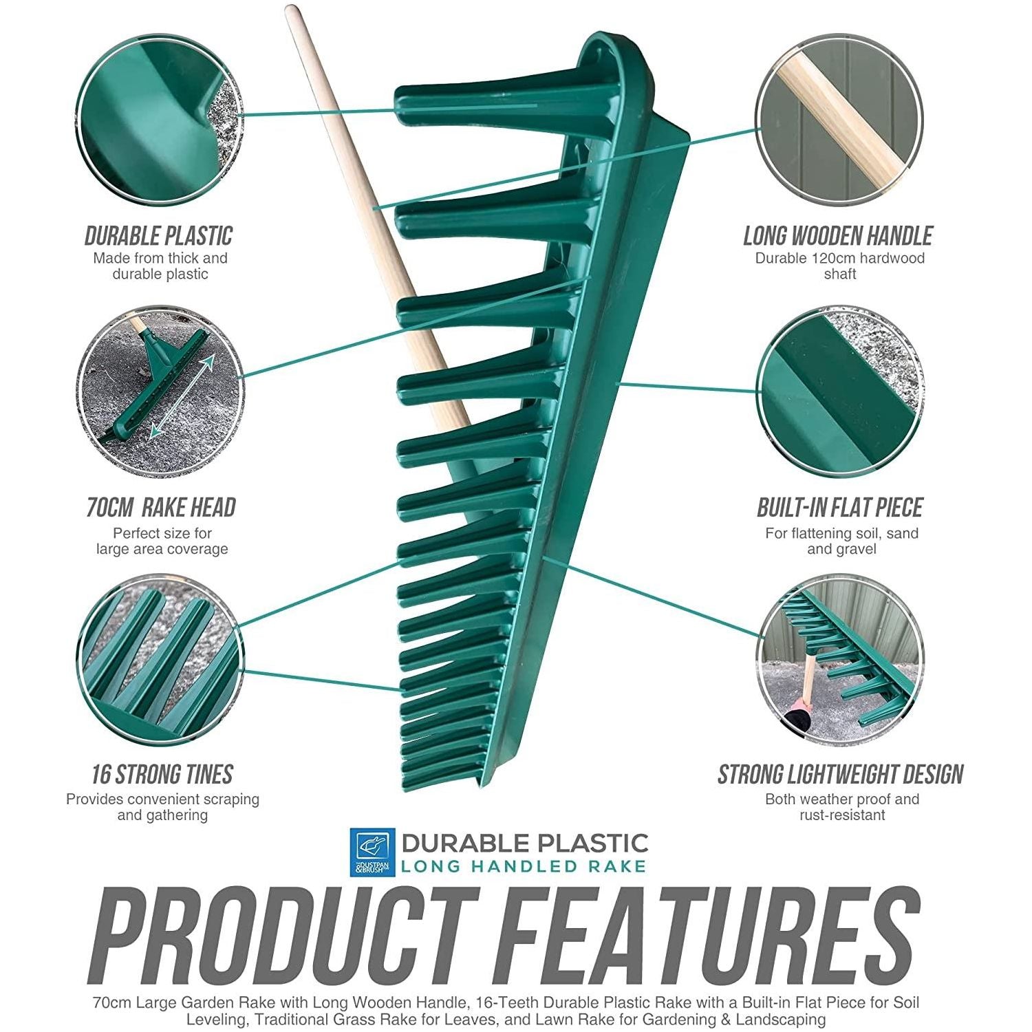 Big Plastic Rake Head with Wooden Handle – 70cm Garden Rake