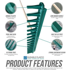 Big Plastic Rake Head with Wooden Handle – 70cm Garden Rake