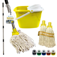 Yellow Mop Bucket Set with 2 Cotton Mop Heads & Handle