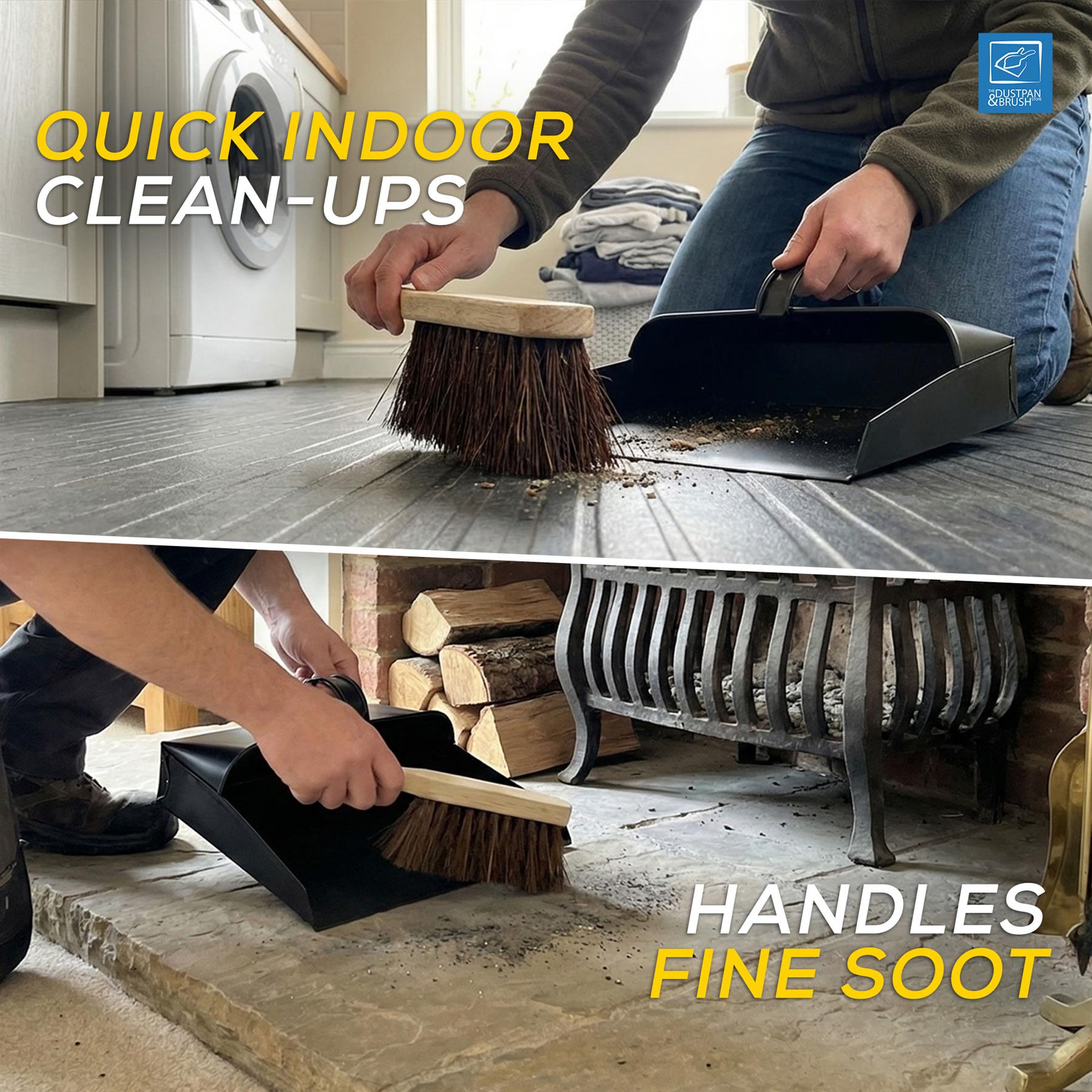 Metal Hooded Dustpan and Brush Set – Heavy Duty Stiff Hand Brush