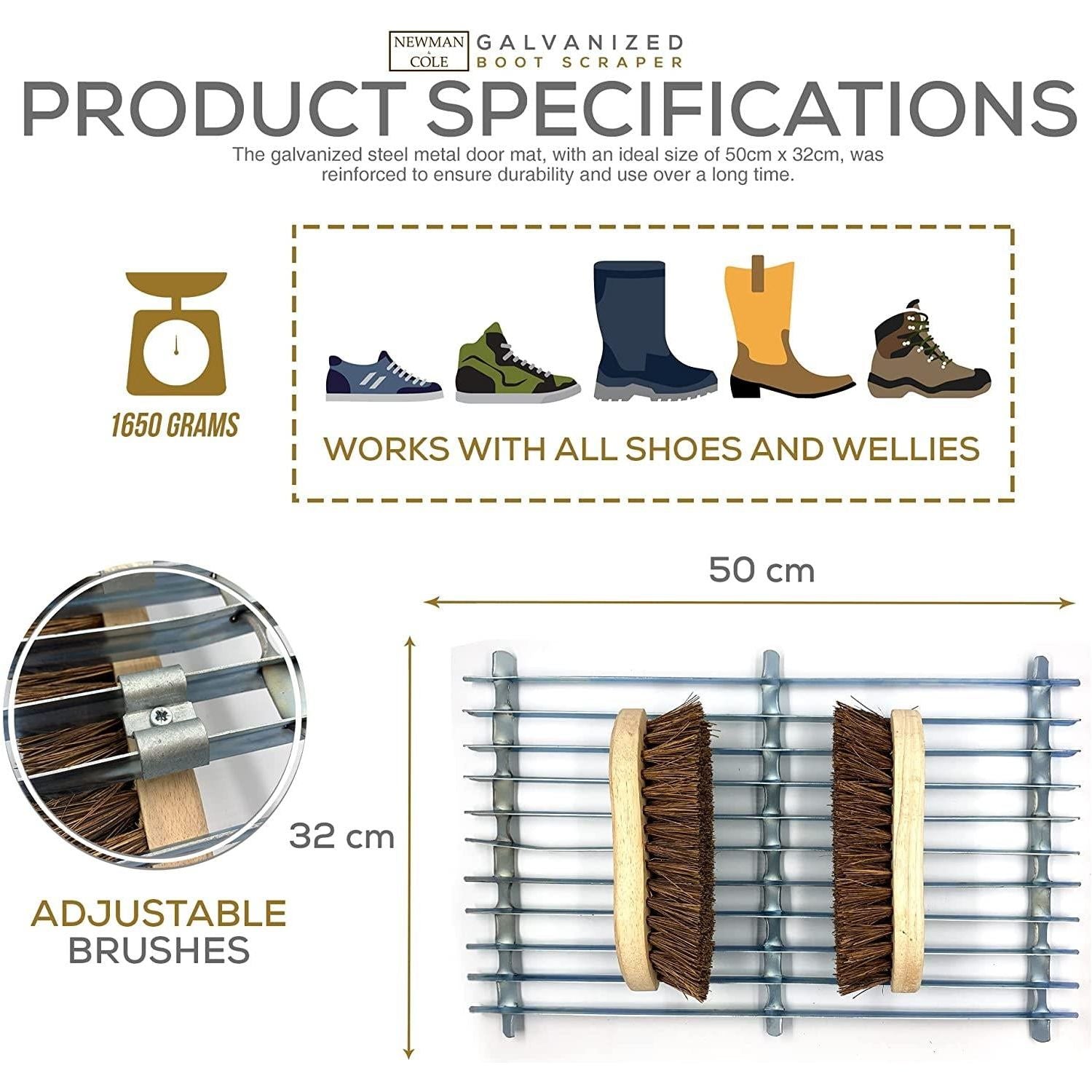 Newman and Cole Galvanised Boot Mat Scraper with 2 Brushes