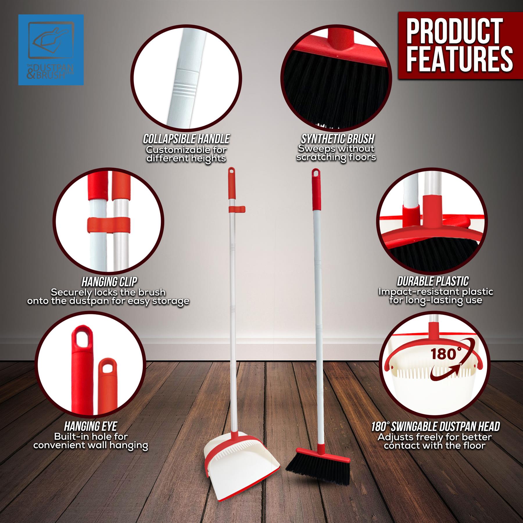 White & Red Long Handled Dustpan and Brush Set