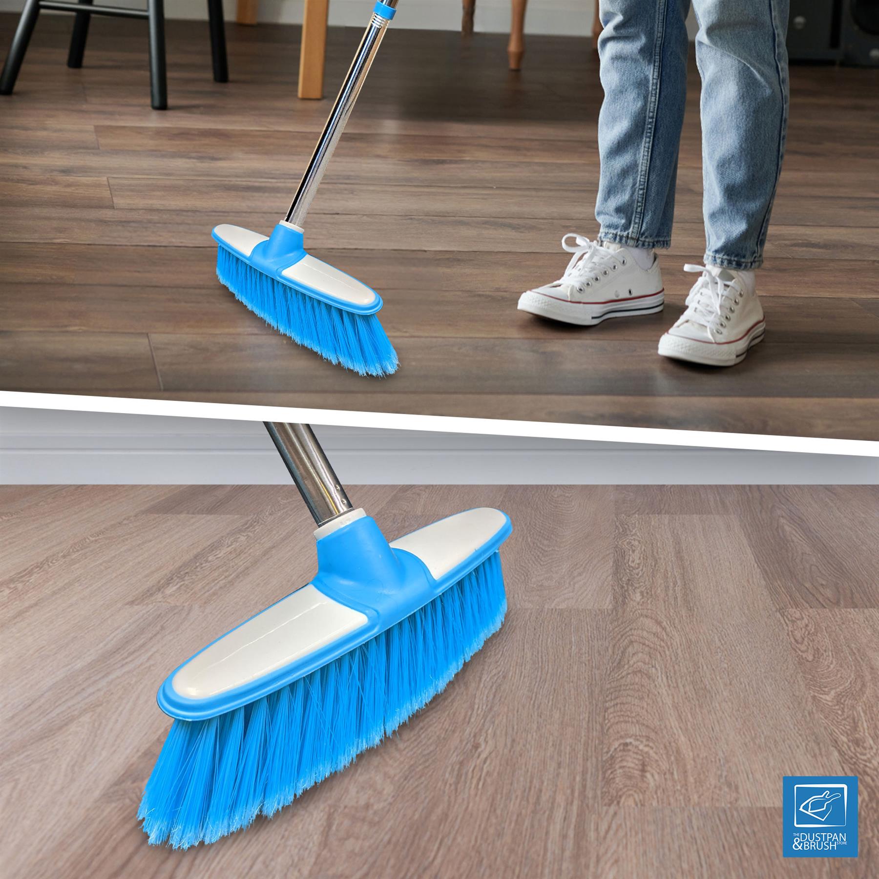 Blue & White Indoor Broom with 4 Piece Stainless Steel Handle
