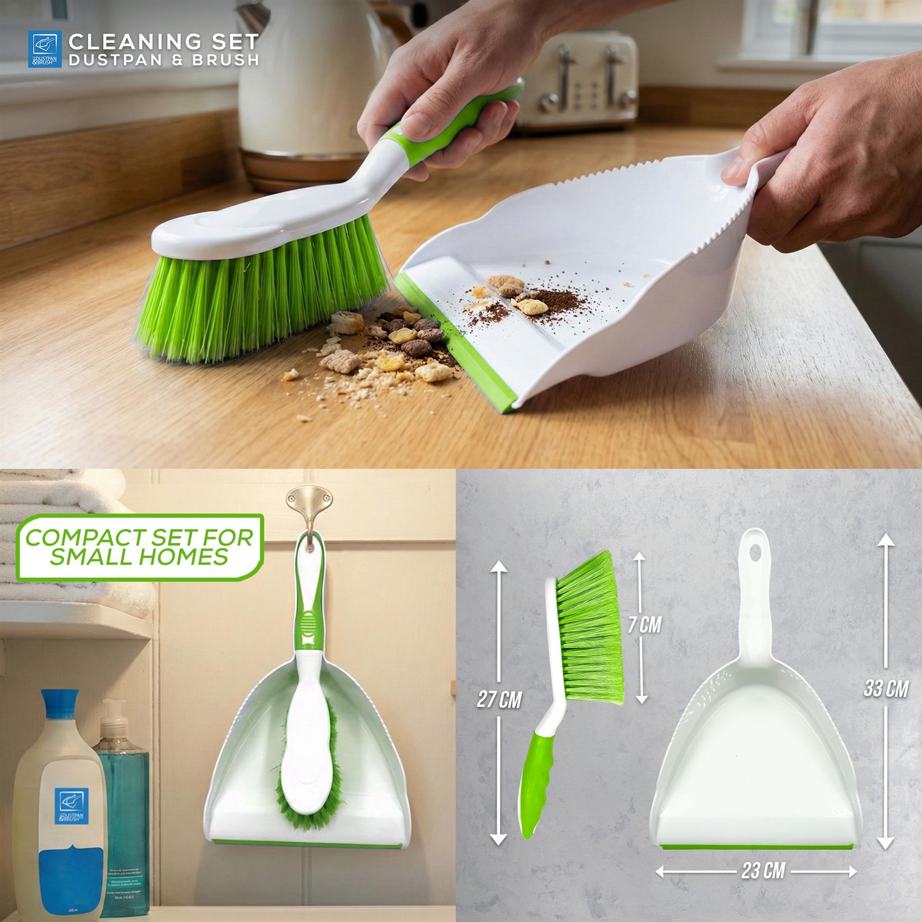 Deluxe Dustpan and Brush Set Green | Soft Grip Hand Brush