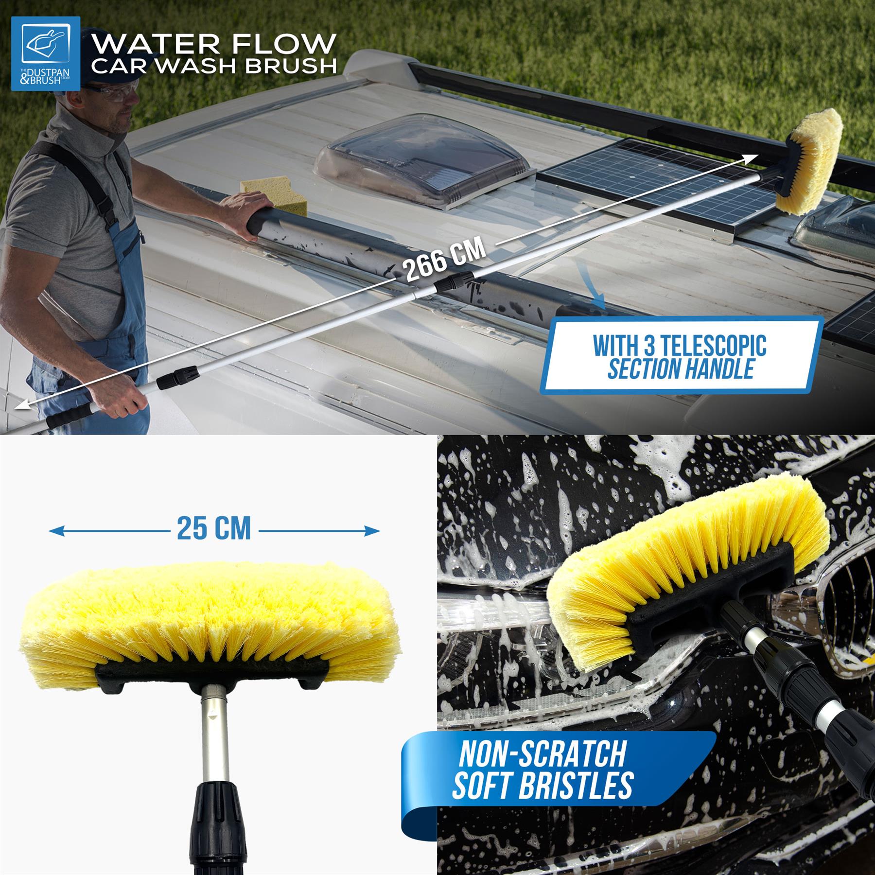 Water Flow Car Wash Brush | Telescopic 3 Section Wash Brush