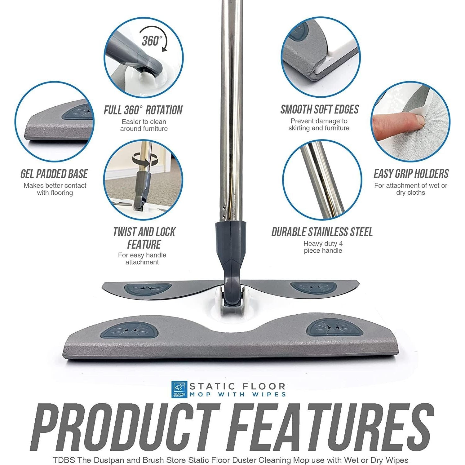 Static Floor Cleaning Mop with 10 Dry Wipes & Swivel Head