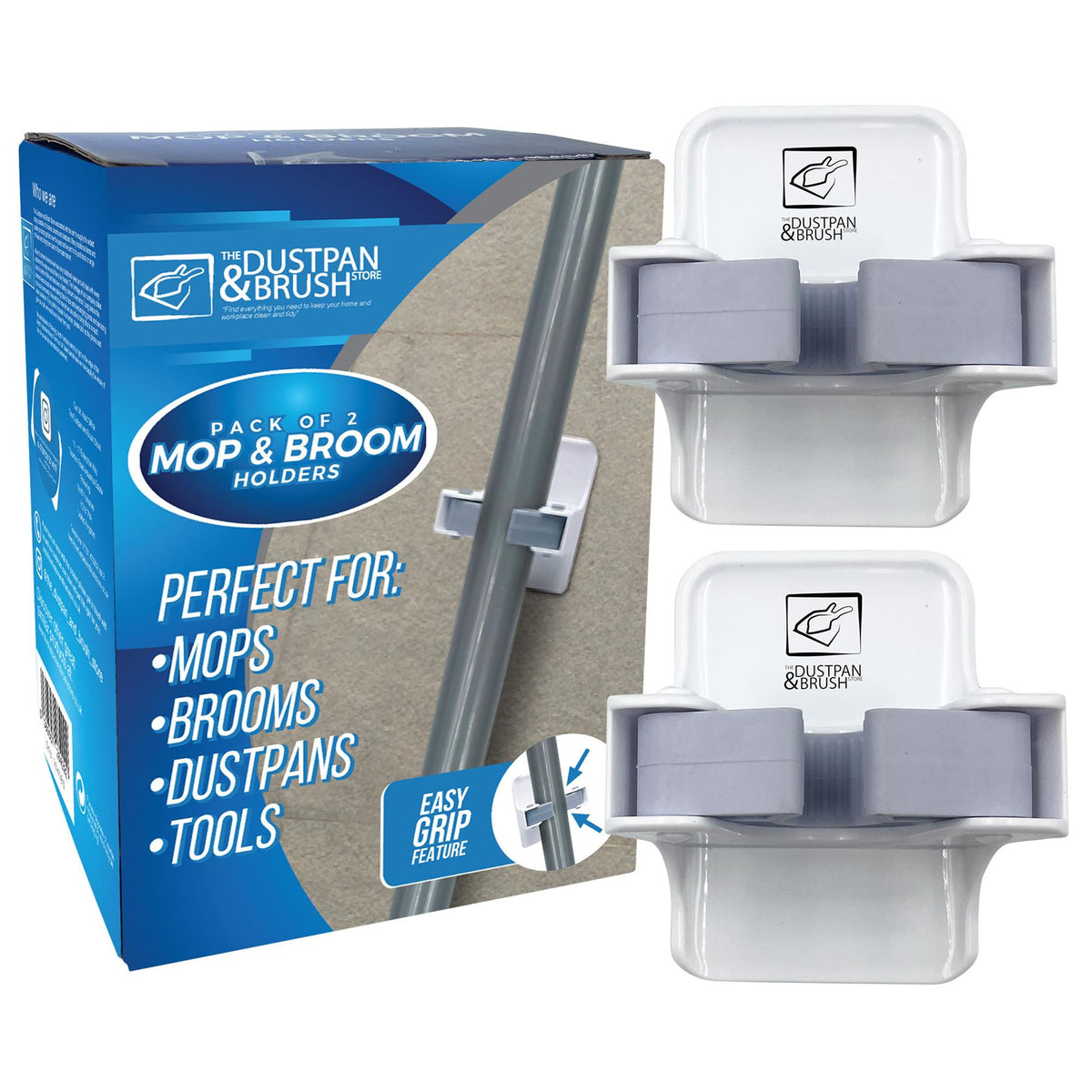 Broom & Mop Holder (Pack of 2) - Wall Mounted with Adhesive Grip