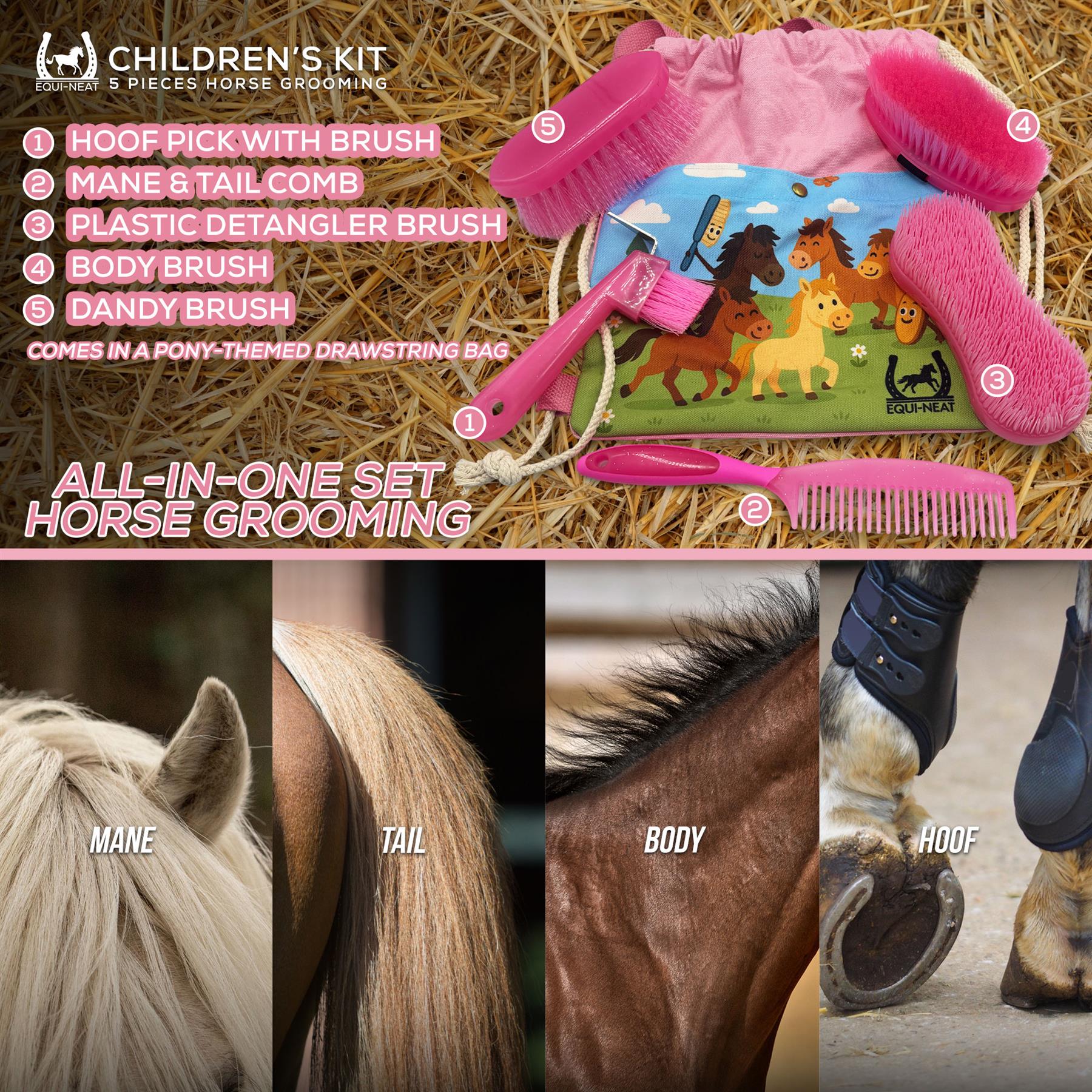 Equi-Neat Kids Horse Grooming Kit Pink – 5 Piece Set