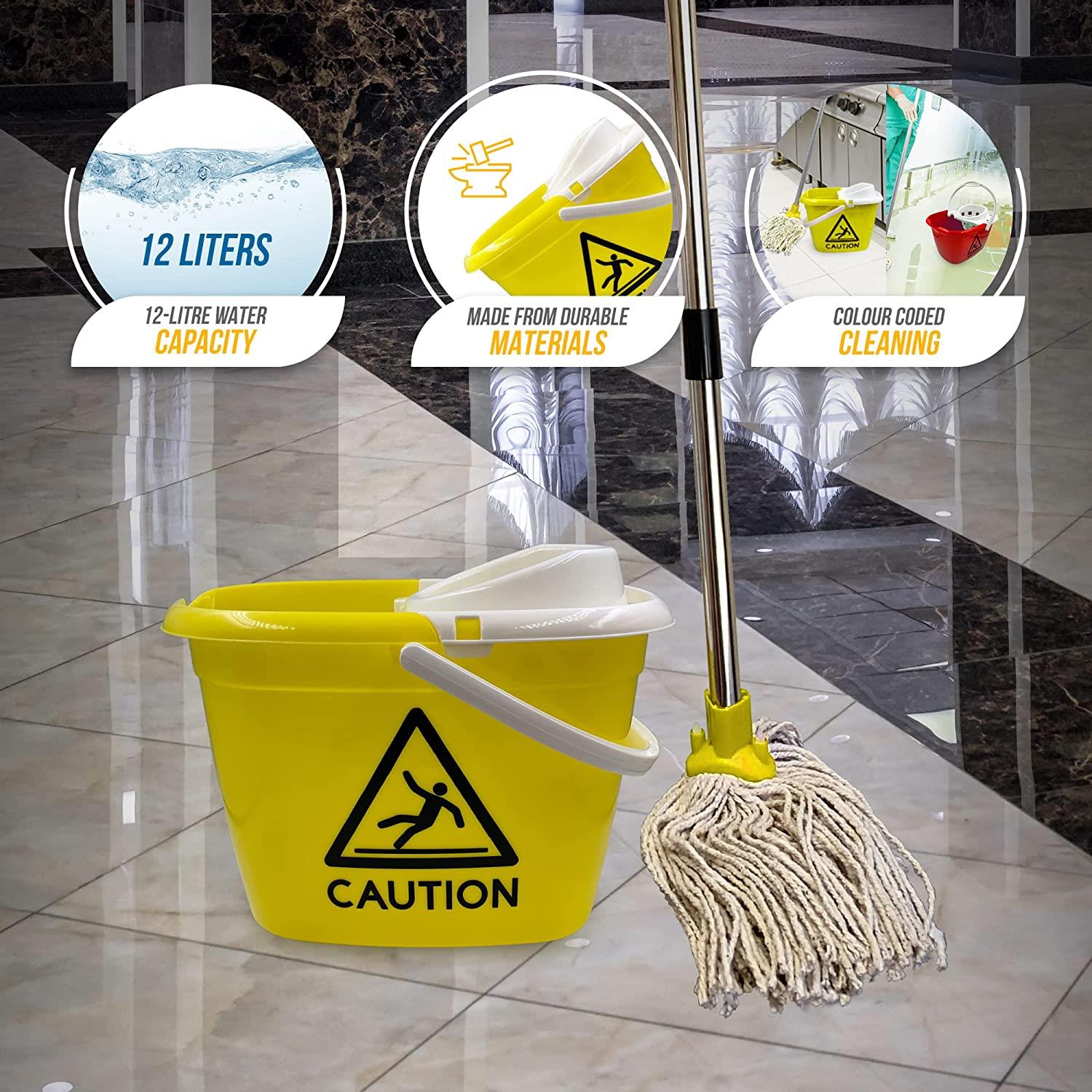Yellow & White Caution Mop Bucket and Mop Set | 12L
