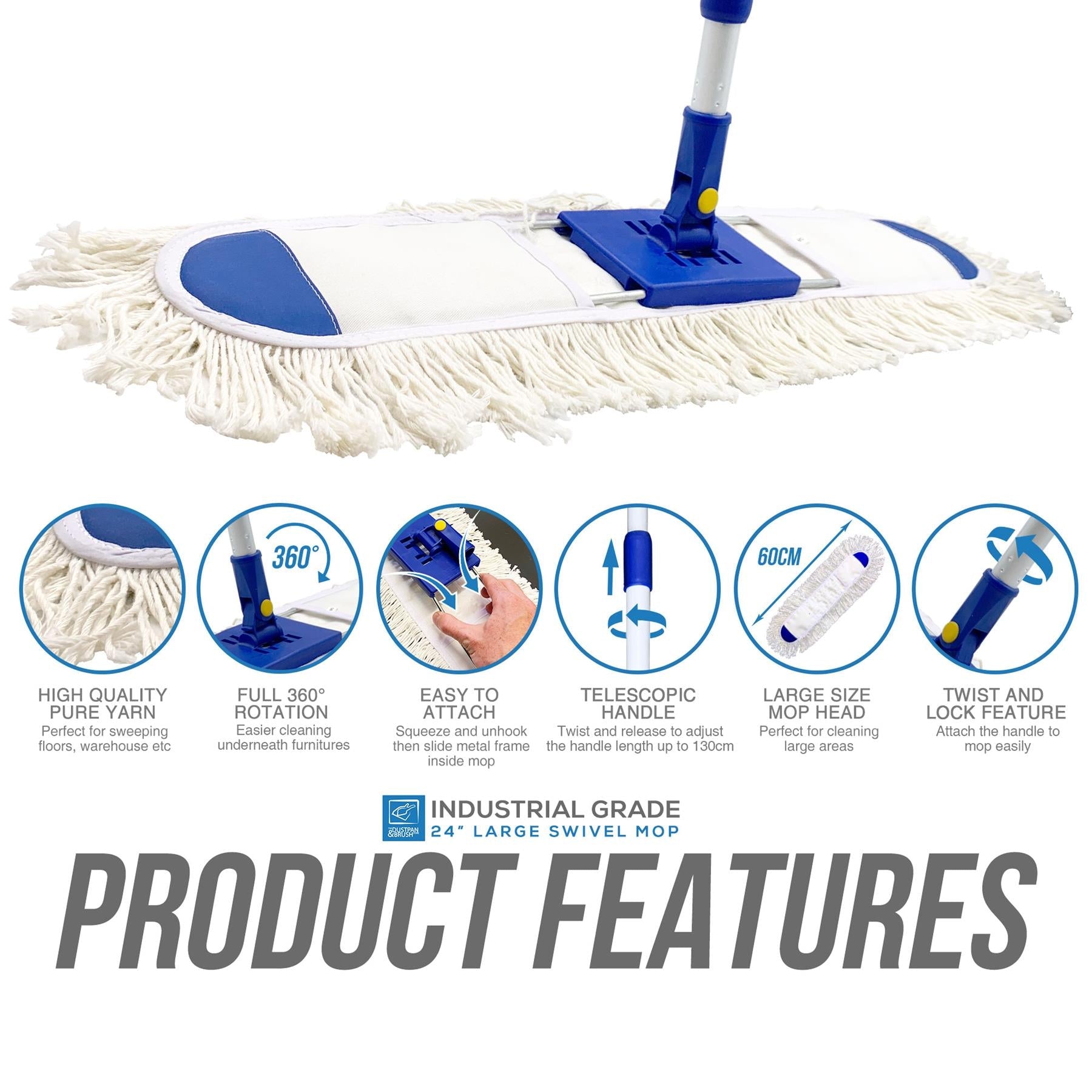 24" Flat Dust Mop with 130cm Telescopic Handle