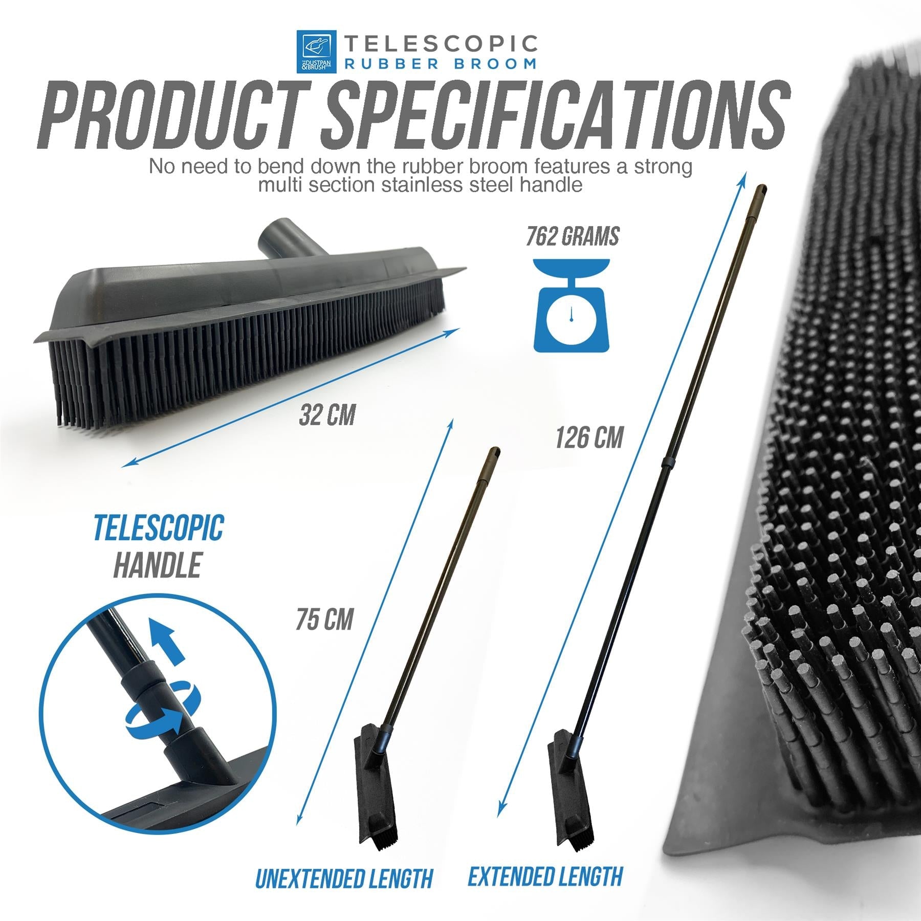 Rubber Broom with Extending Handle for Pet Hair & Squeegee