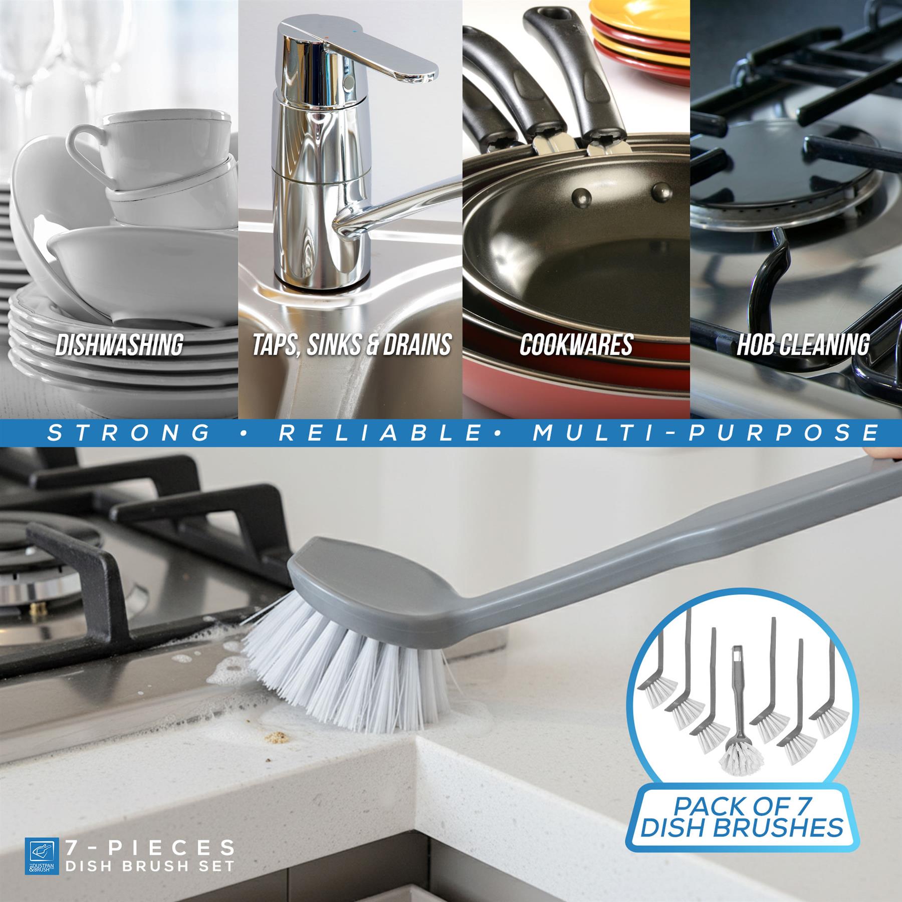 Round Dish Brushes Pack of 7 | Washing Up Brushes with Scraper
