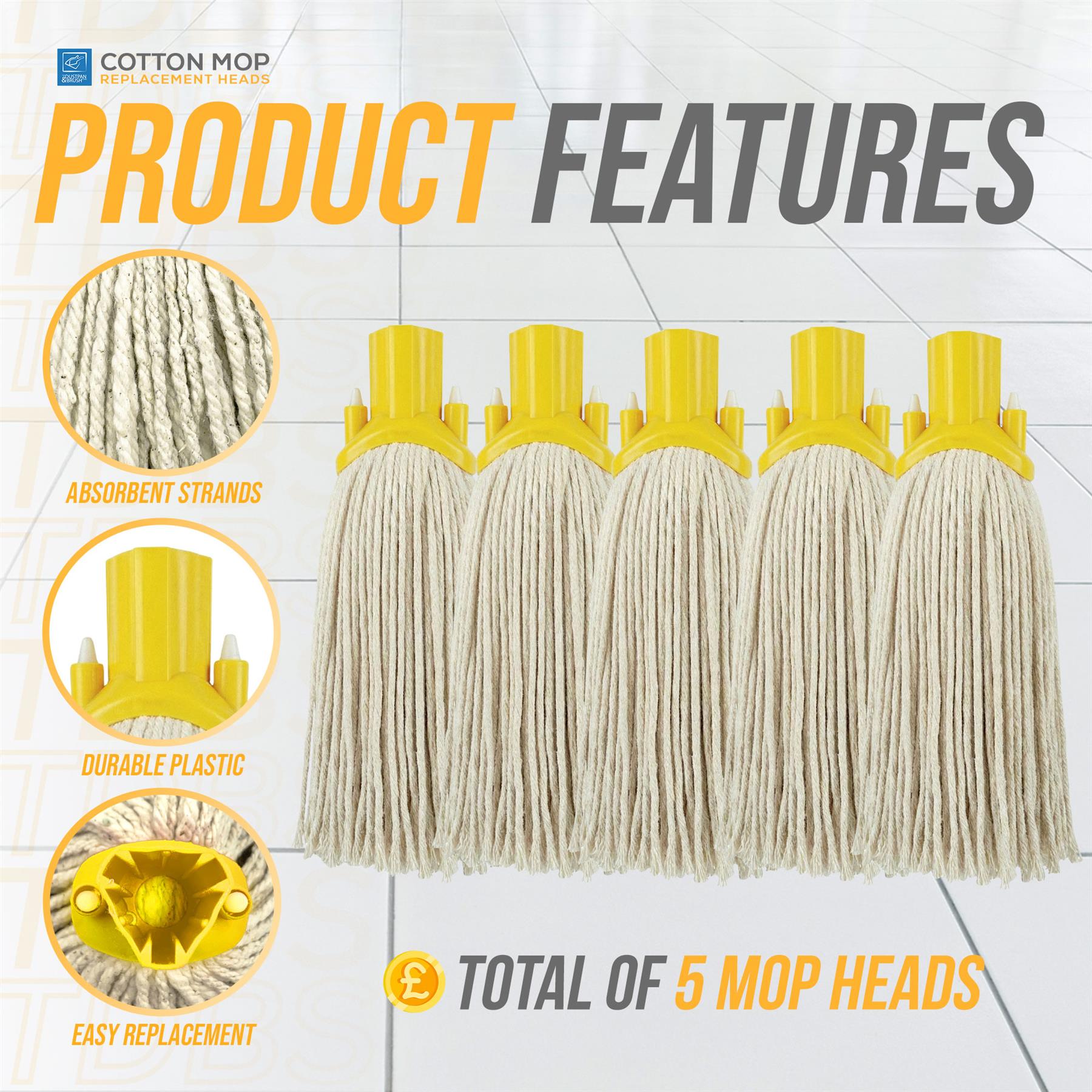 Yellow Colour Coded Cotton Mop Heads 12PY Pack of 5