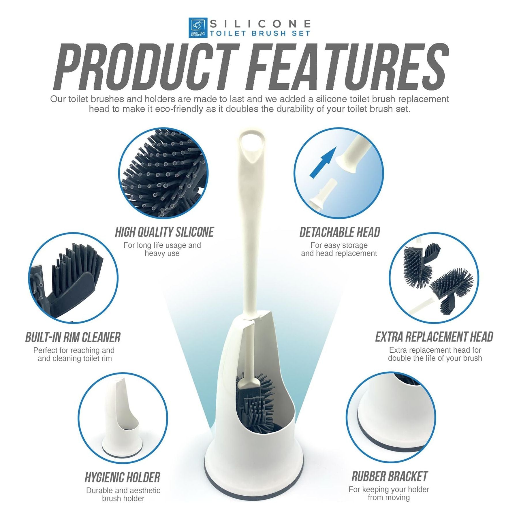 Silicone Toilet Brush Set with Spare Head & Rim Cleaner