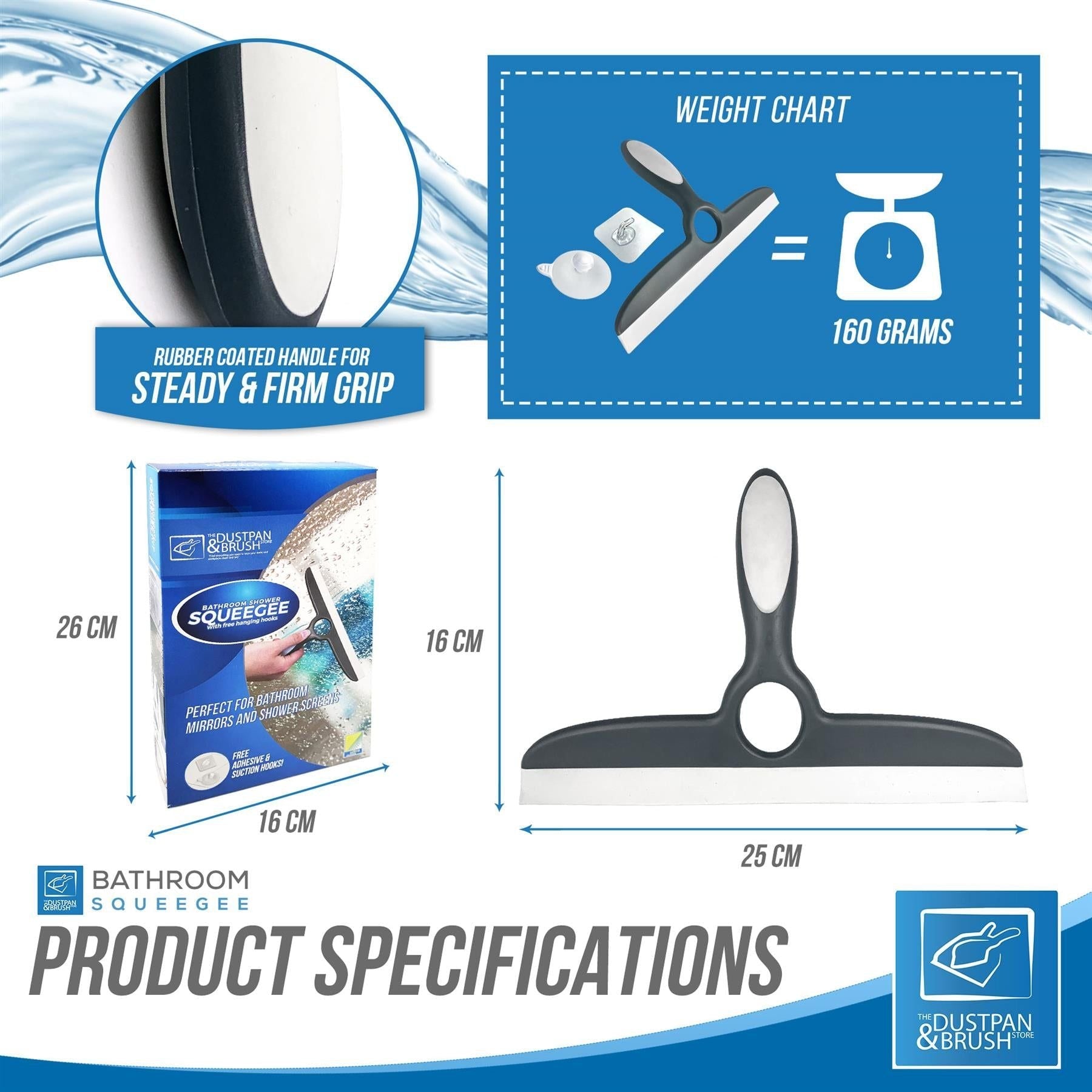 Deluxe Grey Shower Squeegee for Shower Screens with Wall Hooks