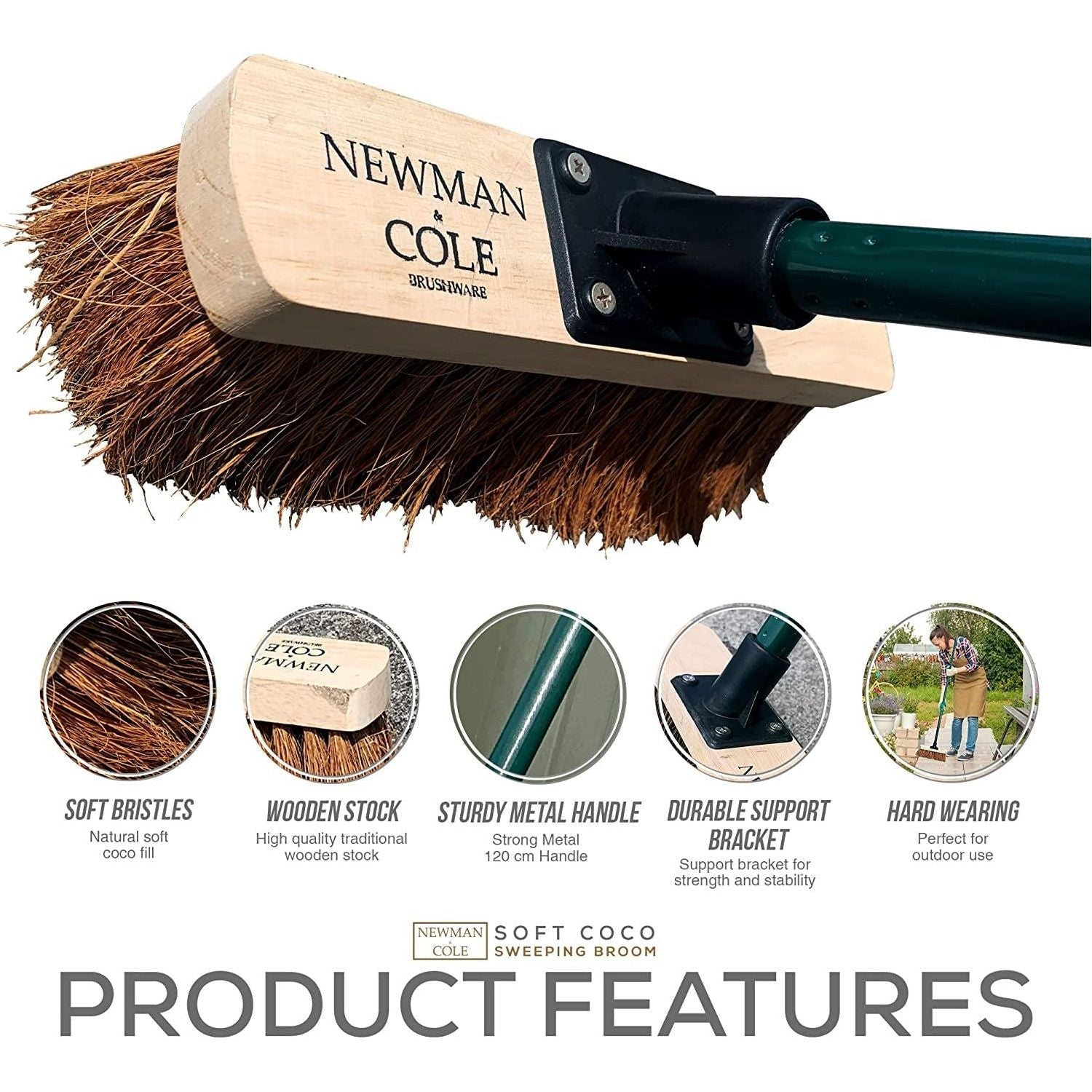 10" Newman & Cole Soft Coco Broom with Green Metal Handle