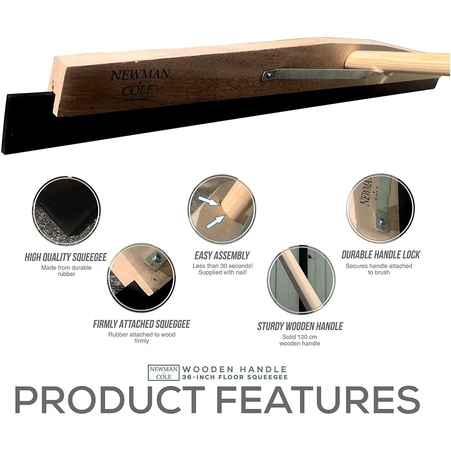 24" Newman and Cole Wooden Floor Squeegee with Tapered Handle