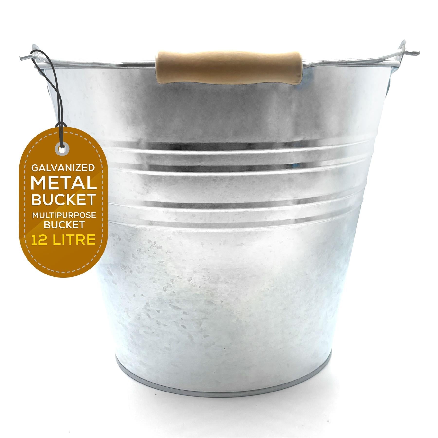 12L Galvanised Steel Bucket with Wooden Handle | Metal Bucket