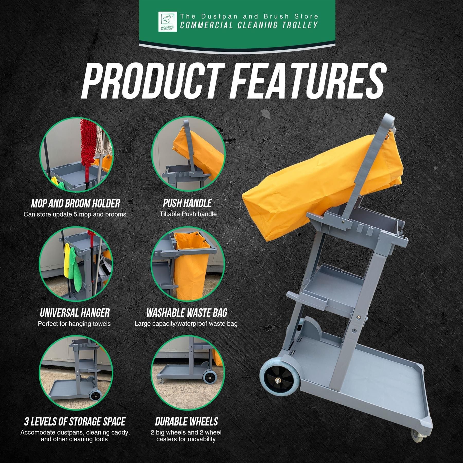3 Tier Janitor Cleaning Cart Trolley with Waste Bag