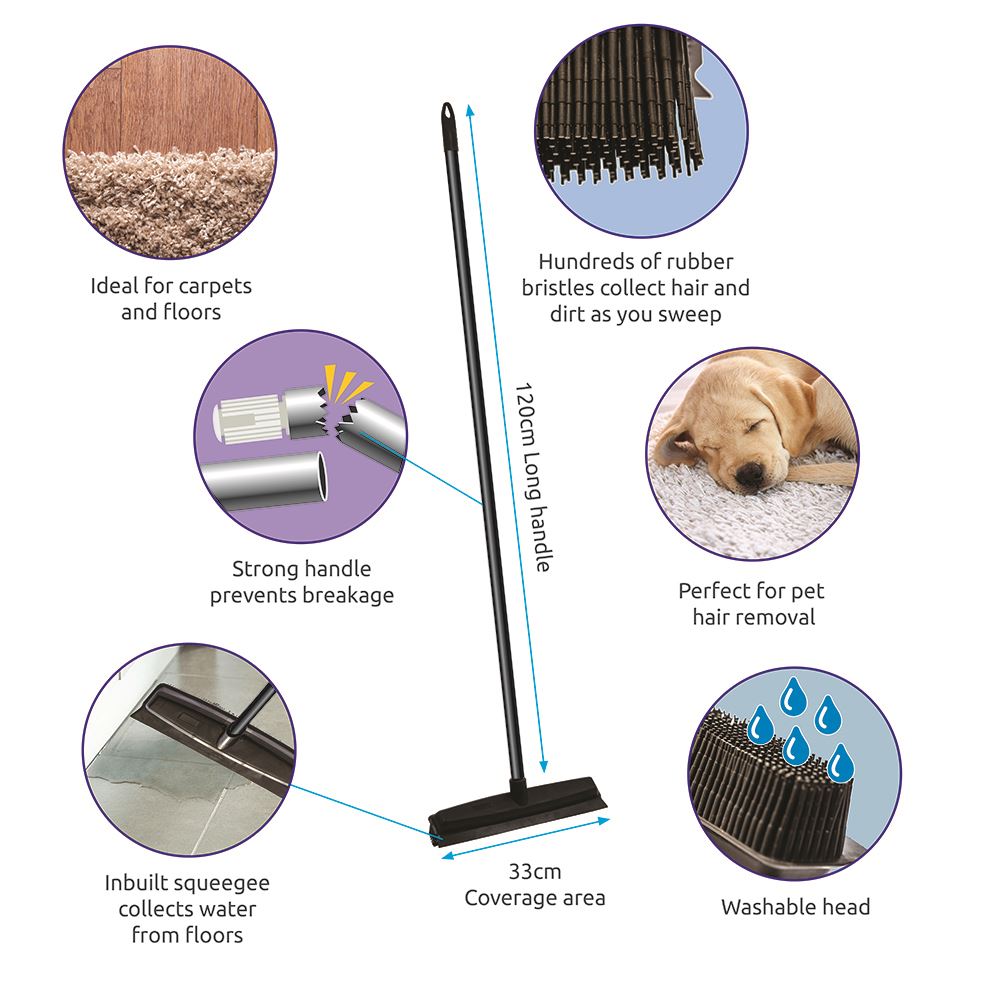 Rubber Bristle Broom | Solid Metal Handle for Pet Hair & Hard Floors