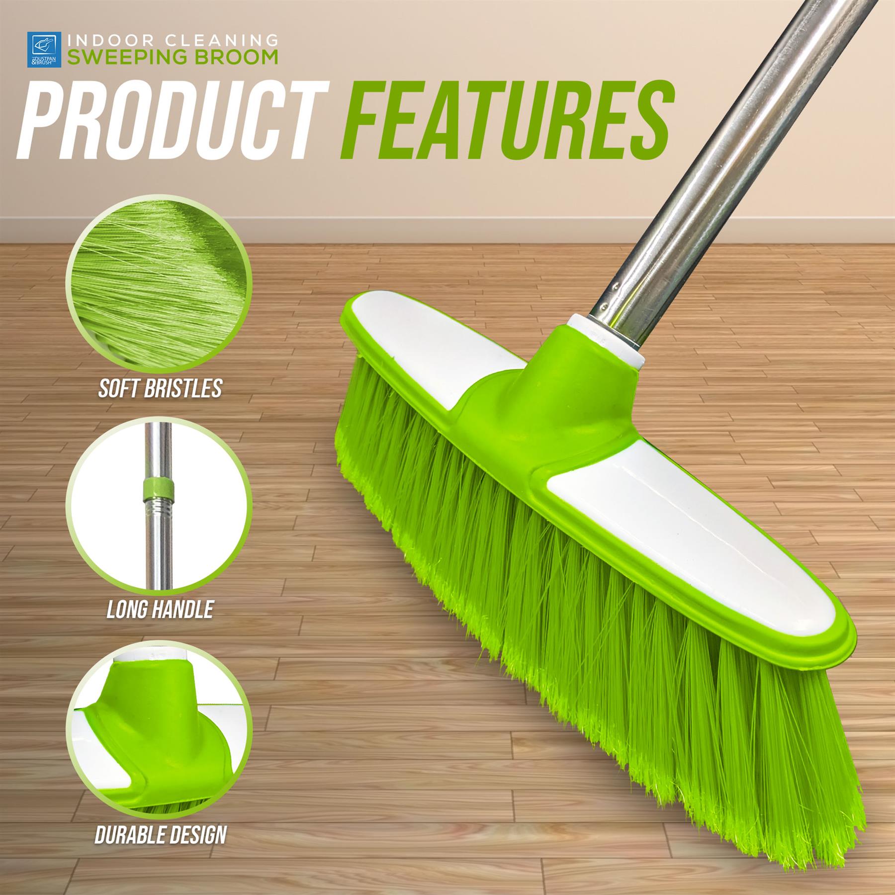 Green & White Soft Indoor Broom with 4 Piece Steel Handle