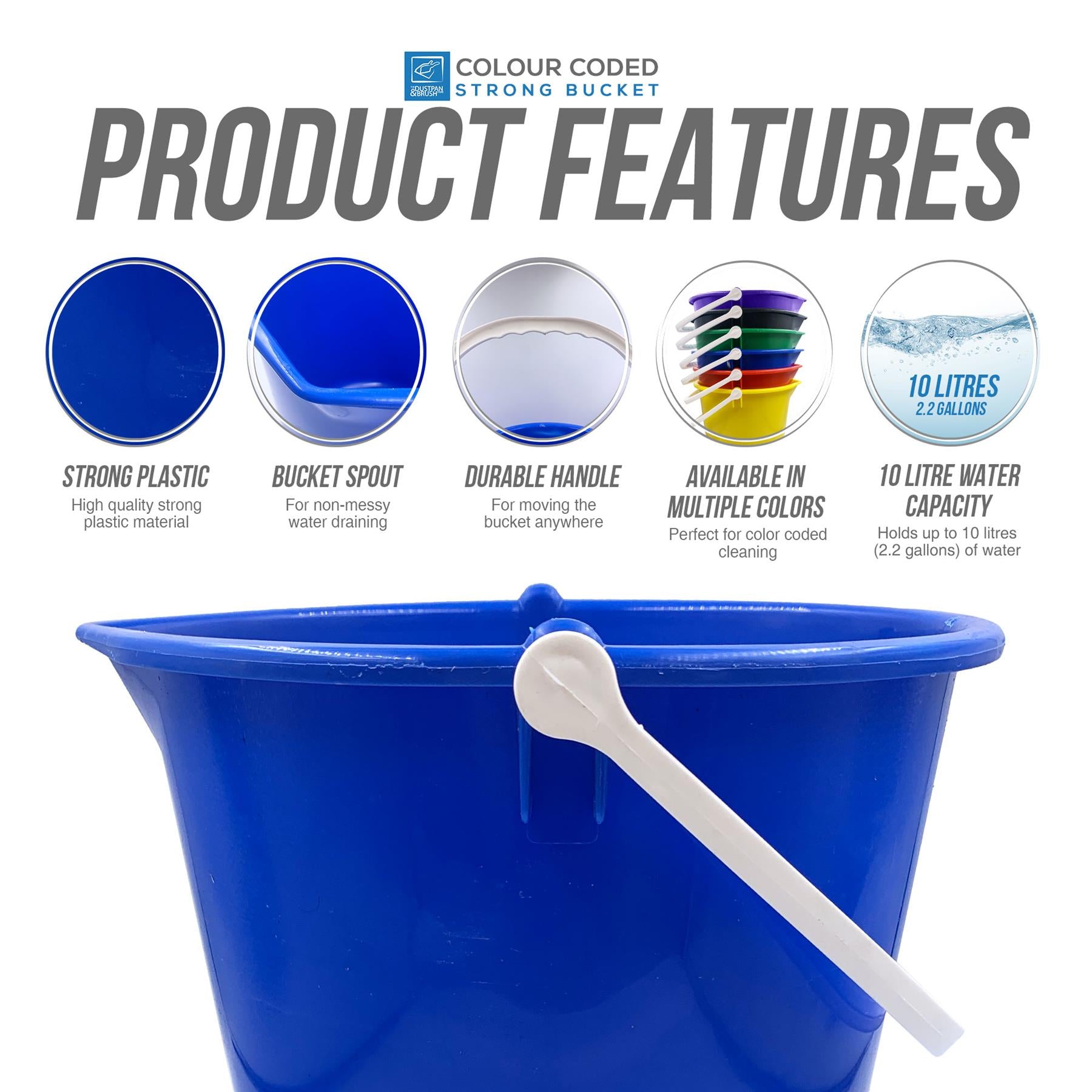10L Plastic Cleaning Bucket - Blue, Green, Red, Yellow & Black