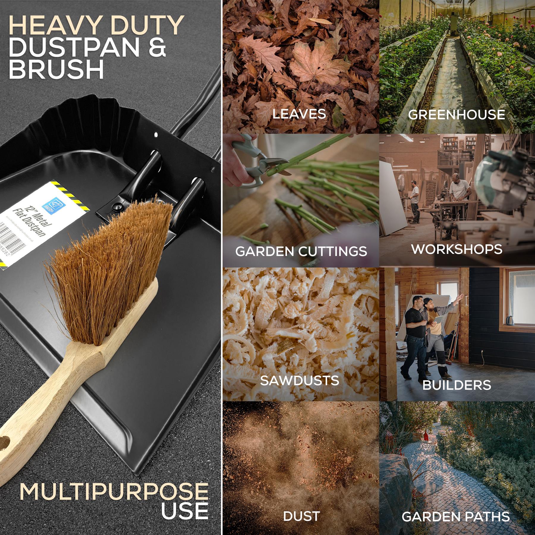 12" Metal Dustpan and Brush Set | Heavy Duty Soft Bristle Sweeper